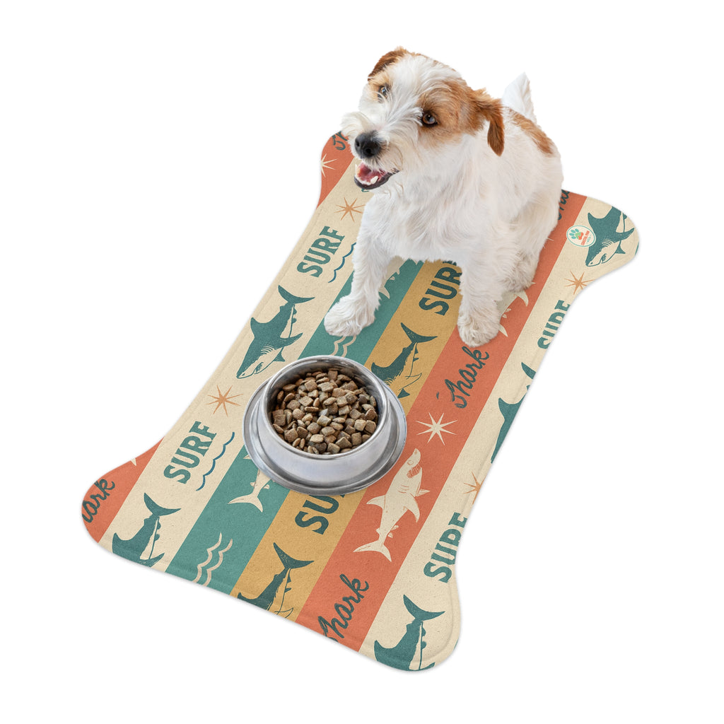 Retro Surf Sharks Pet Feeding Mat | Bone-Shaped Placemat for Pets