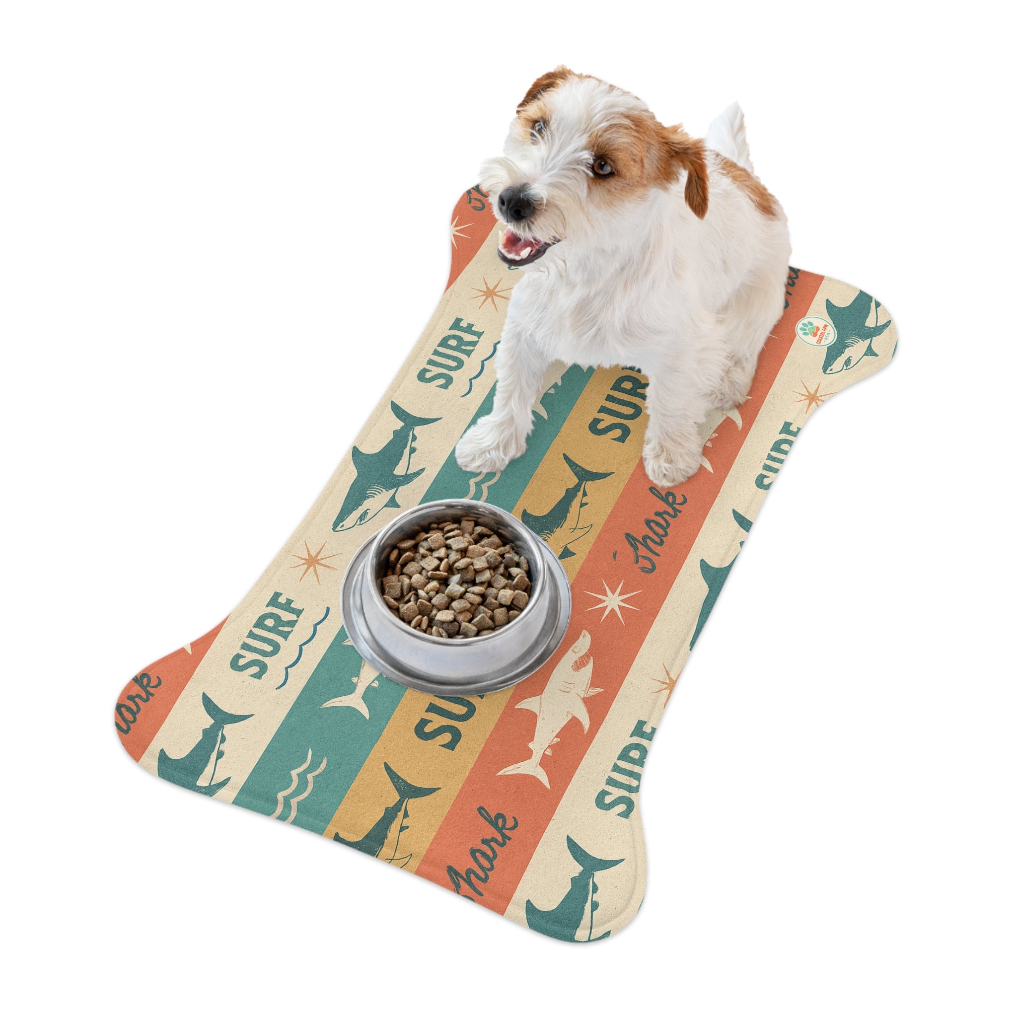 Retro Surf Sharks Pet Feeding Mat | Bone-Shaped Placemat for Pets