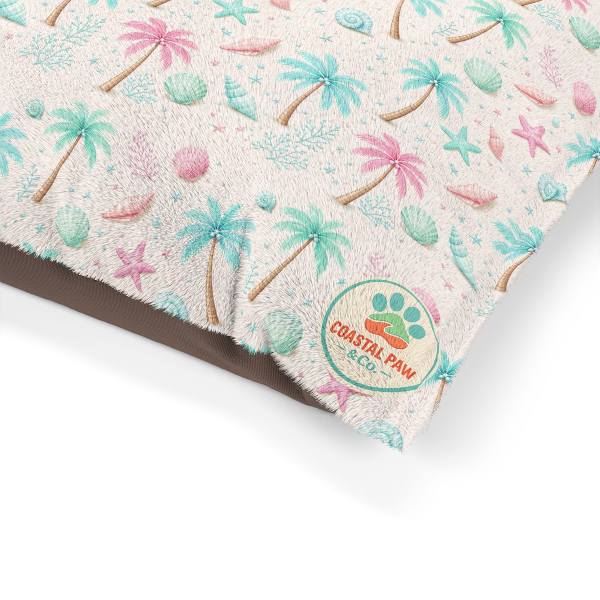 Pastel Palm Trees Pet Bed | Tropical Seashell Pattern