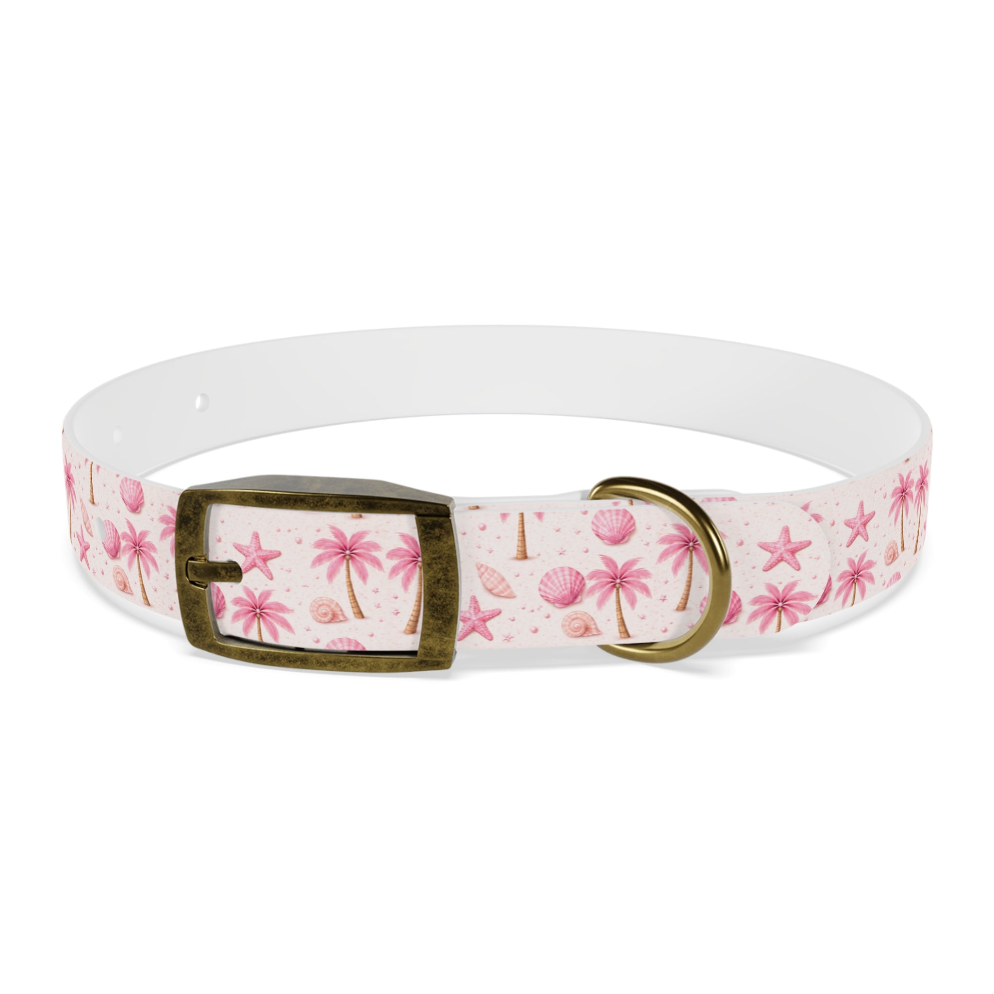 Pink Seashell Palm Tree Pattern Dog Collar | Beach Summer Print