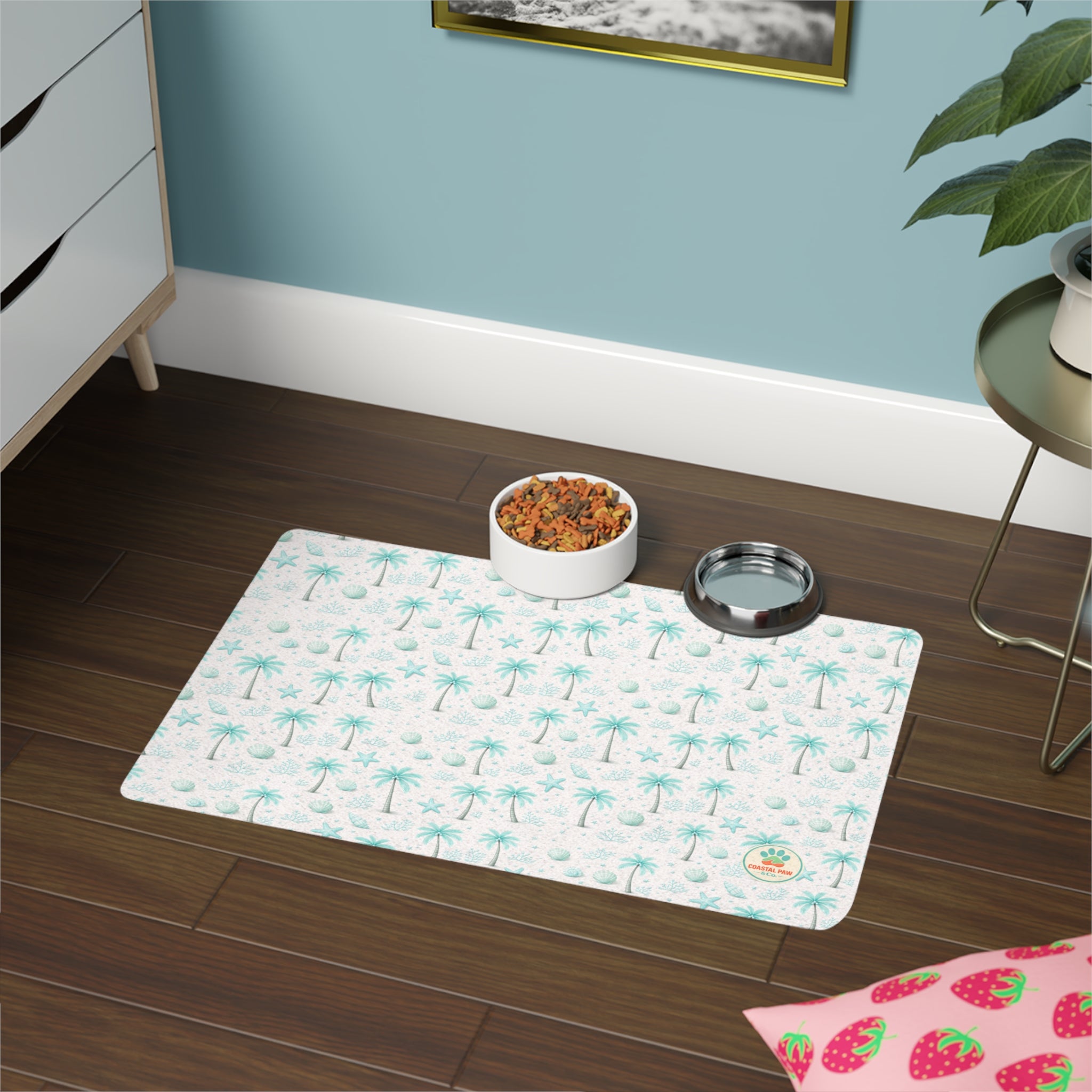 Aqua Palm Tree Pattern Pet Food Mat (12x18) | Coastal Tropical Placemat