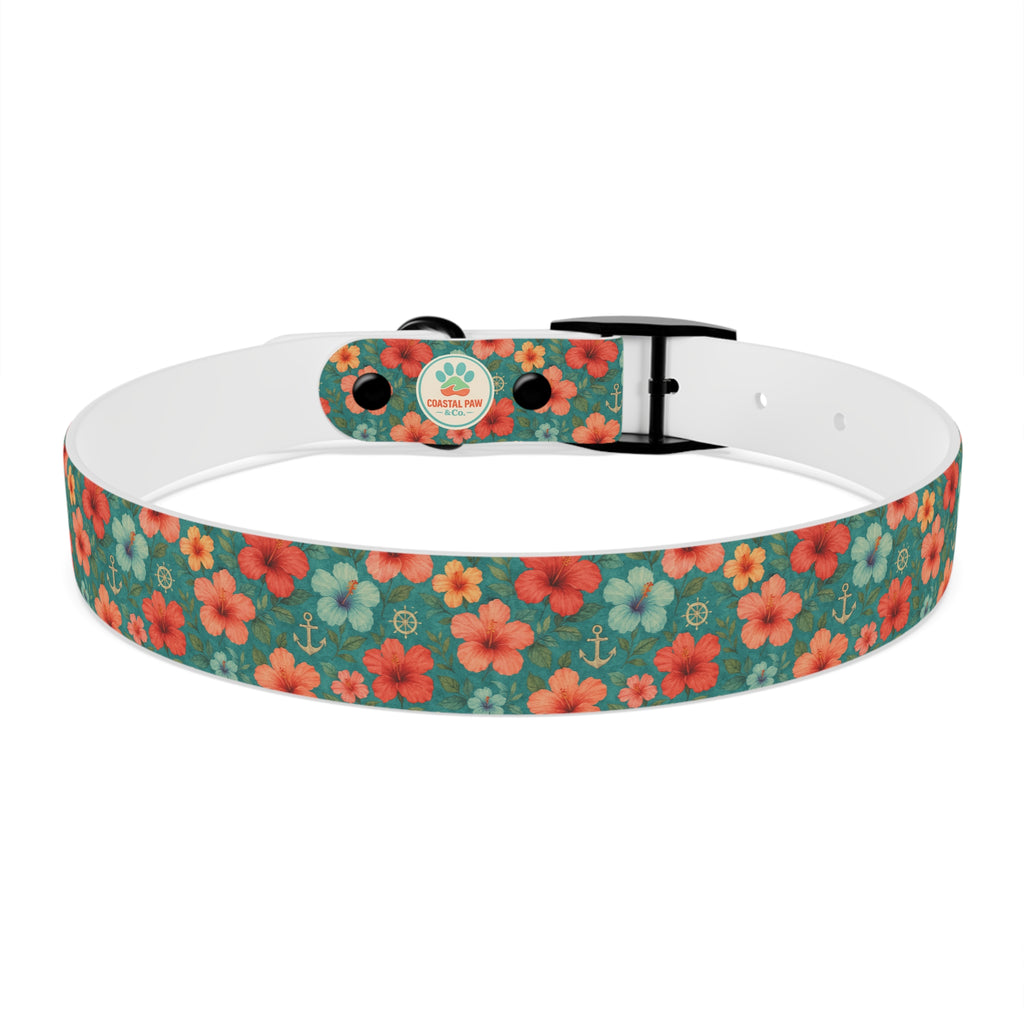 Tropical Hibiscus Pattern Dog Collar | Coral Floral on Teal