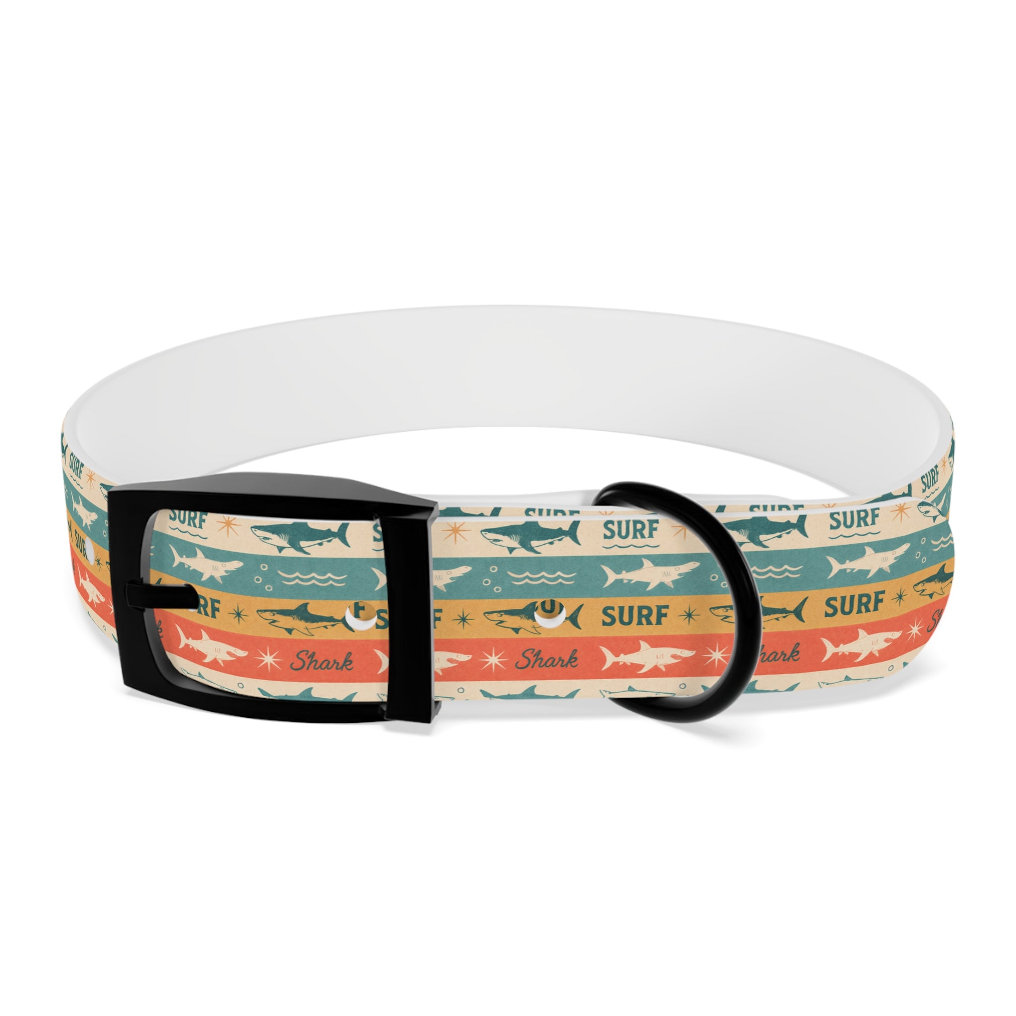 Retro Surf Sharks Dog Collar | Striped Beach Waves Pattern