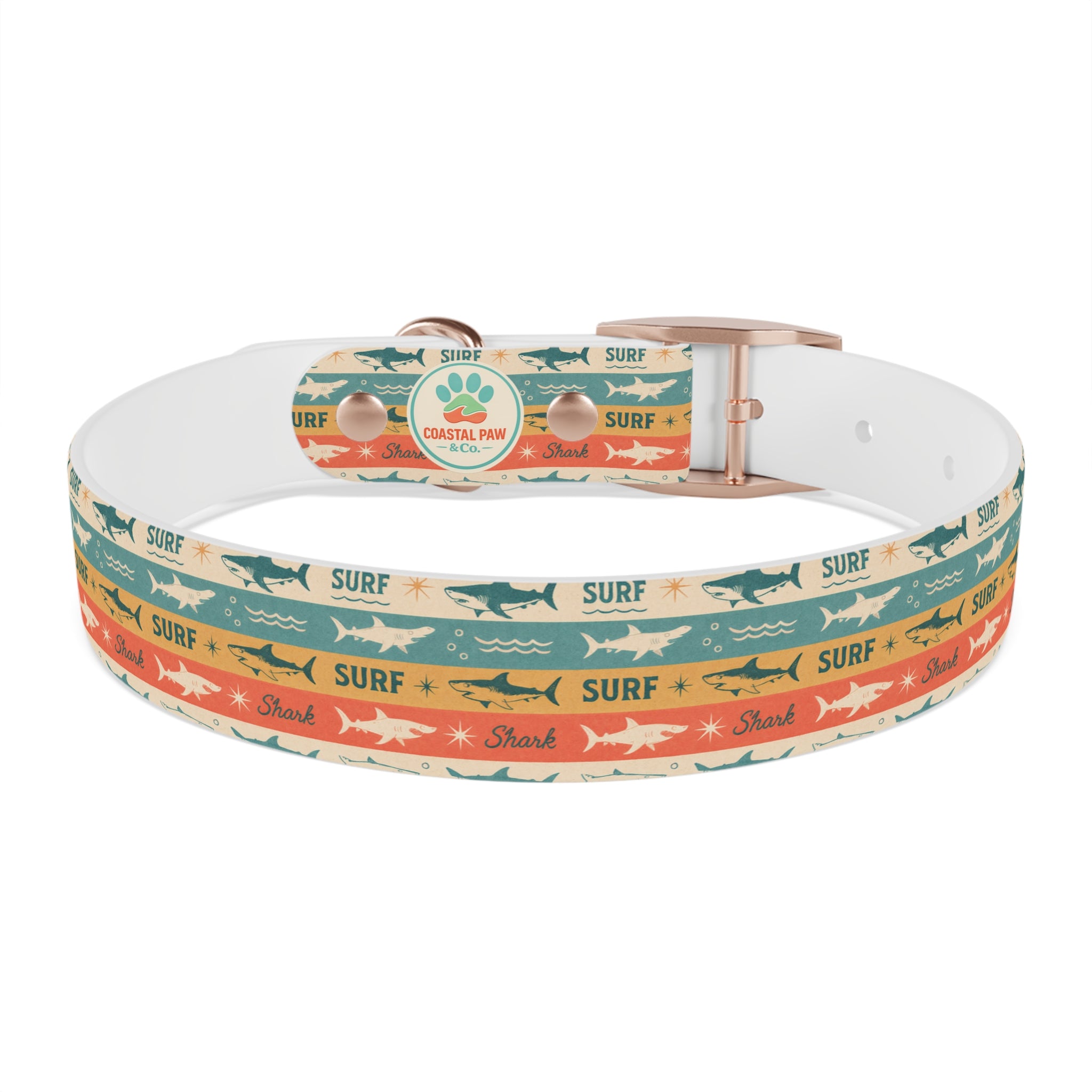Retro Surf Sharks Dog Collar | Striped Beach Waves Pattern