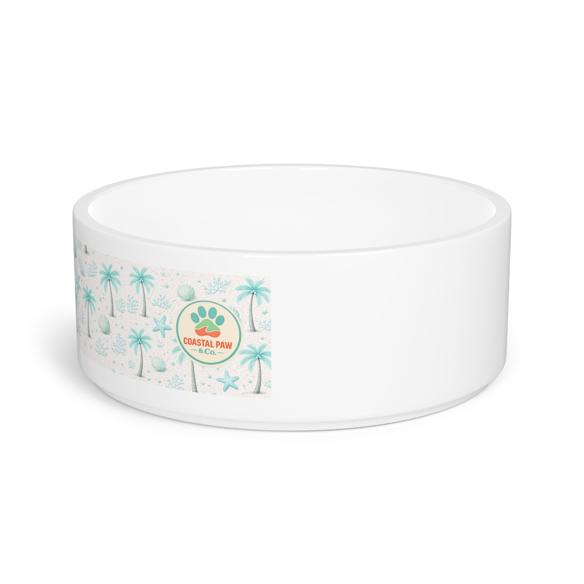 Aqua Palm Trees Pattern Pet Bowl | Tropical Palm Print Ceramic Bowl