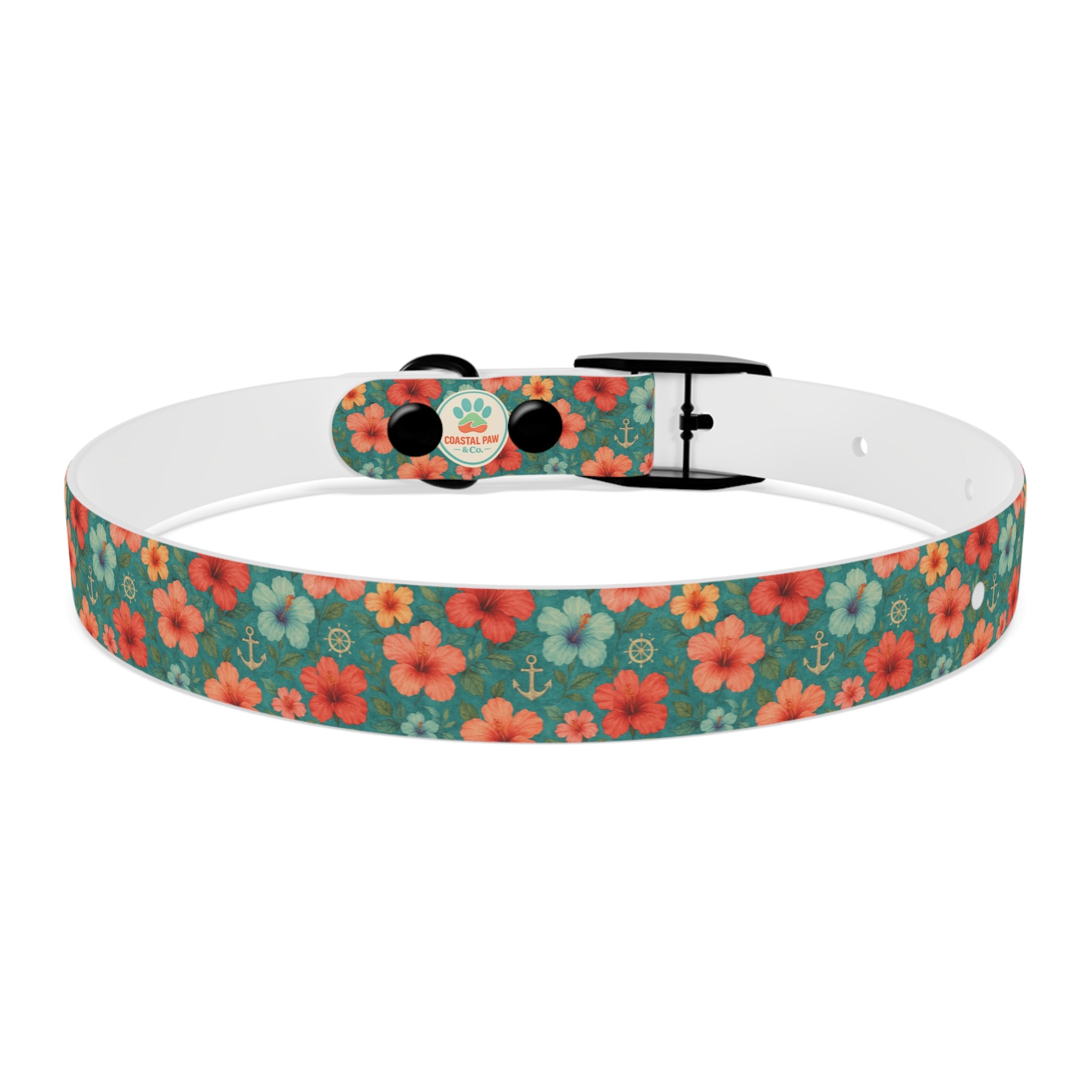 Tropical Hibiscus Pattern Dog Collar | Coral Floral on Teal