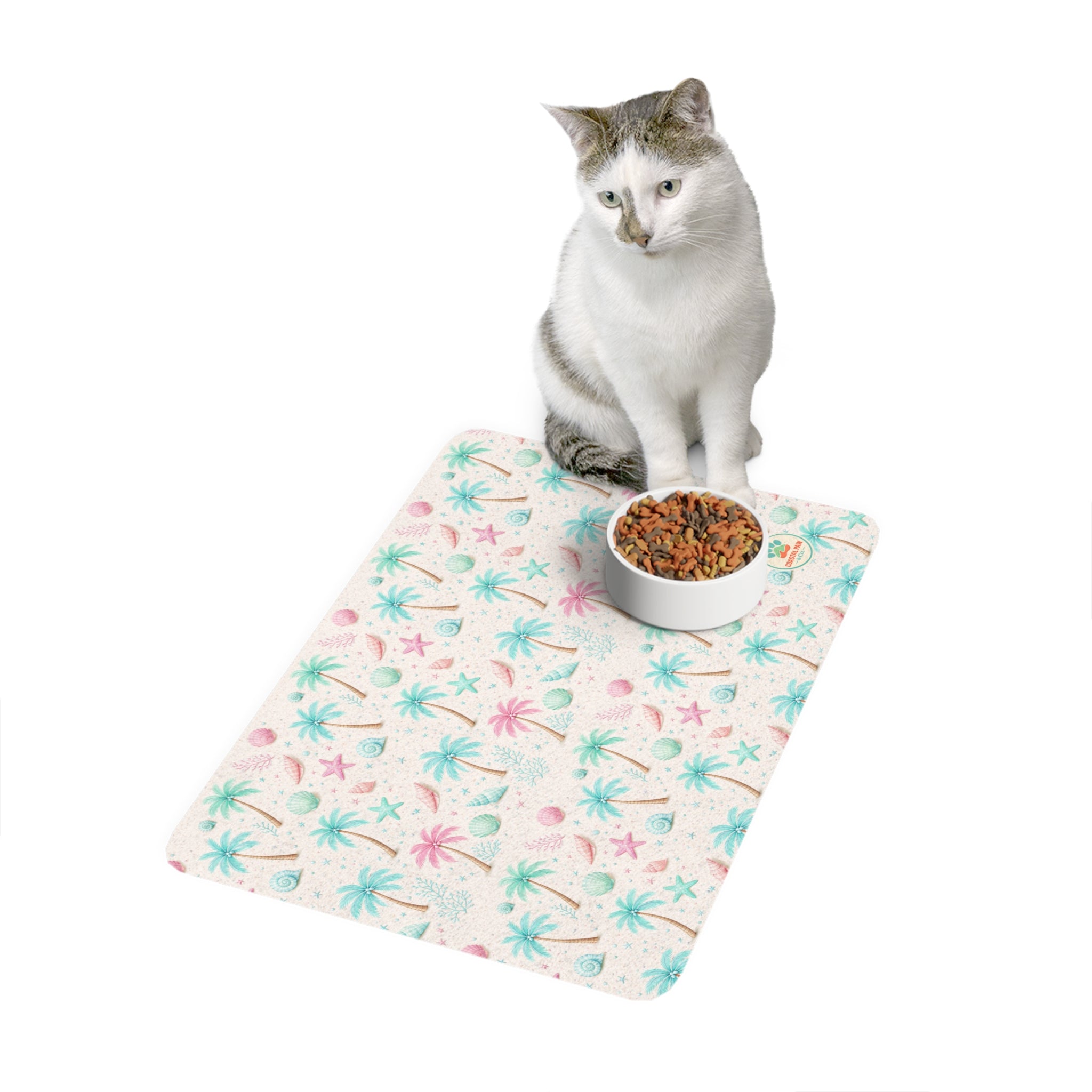 Pastel Beach Palm Tree Pet Food Mat, 12x18 | Seashells, Starfish Design