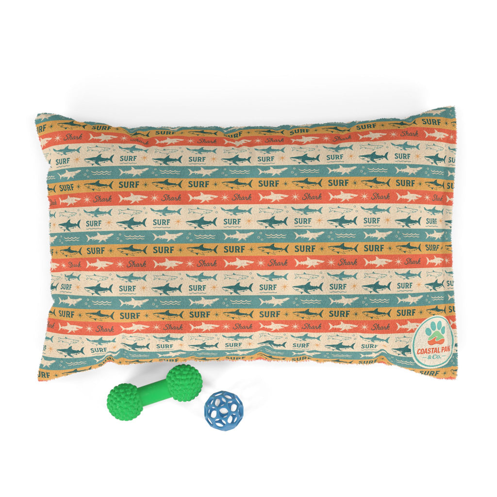 Retro Surf Sharks Pet Bed | Beach Stripes, Orange Teal Pattern