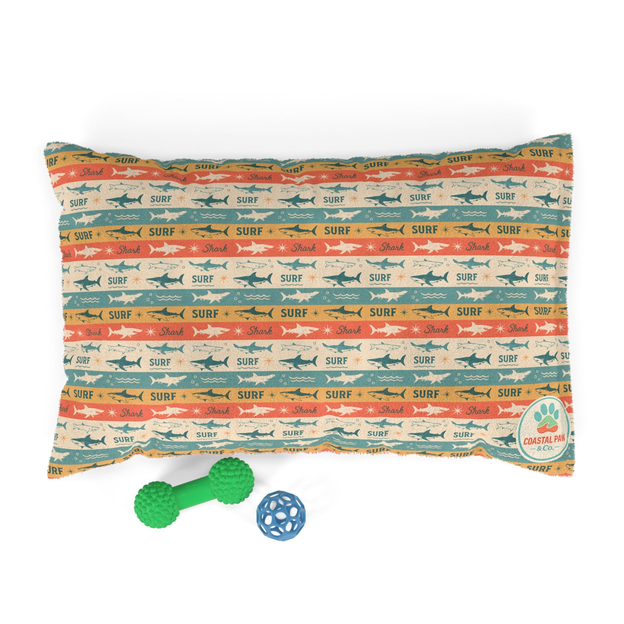 Retro Surf Sharks Pet Bed | Beach Stripes, Orange Teal Pattern