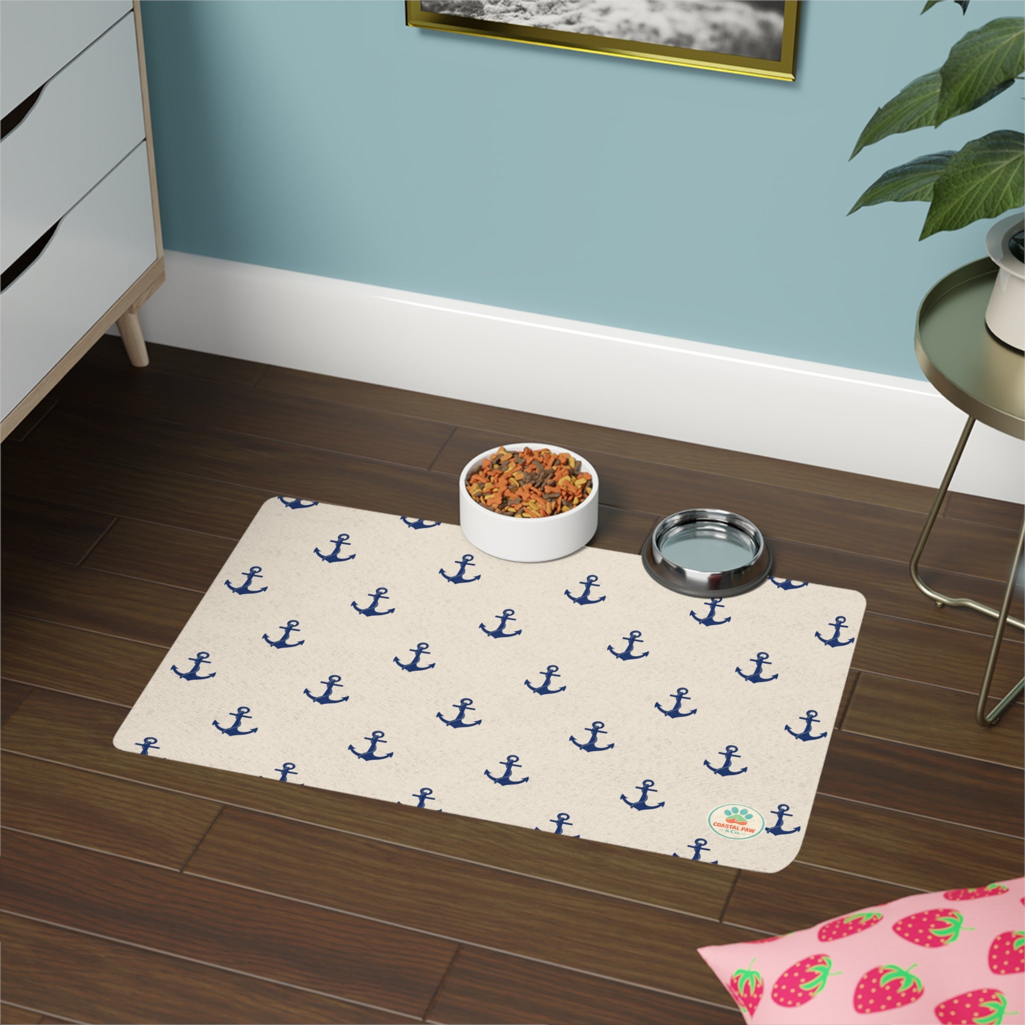 Navy Anchor Pattern Pet Food Mat 12x18 | Nautical Dog Cat Feeding Mat
