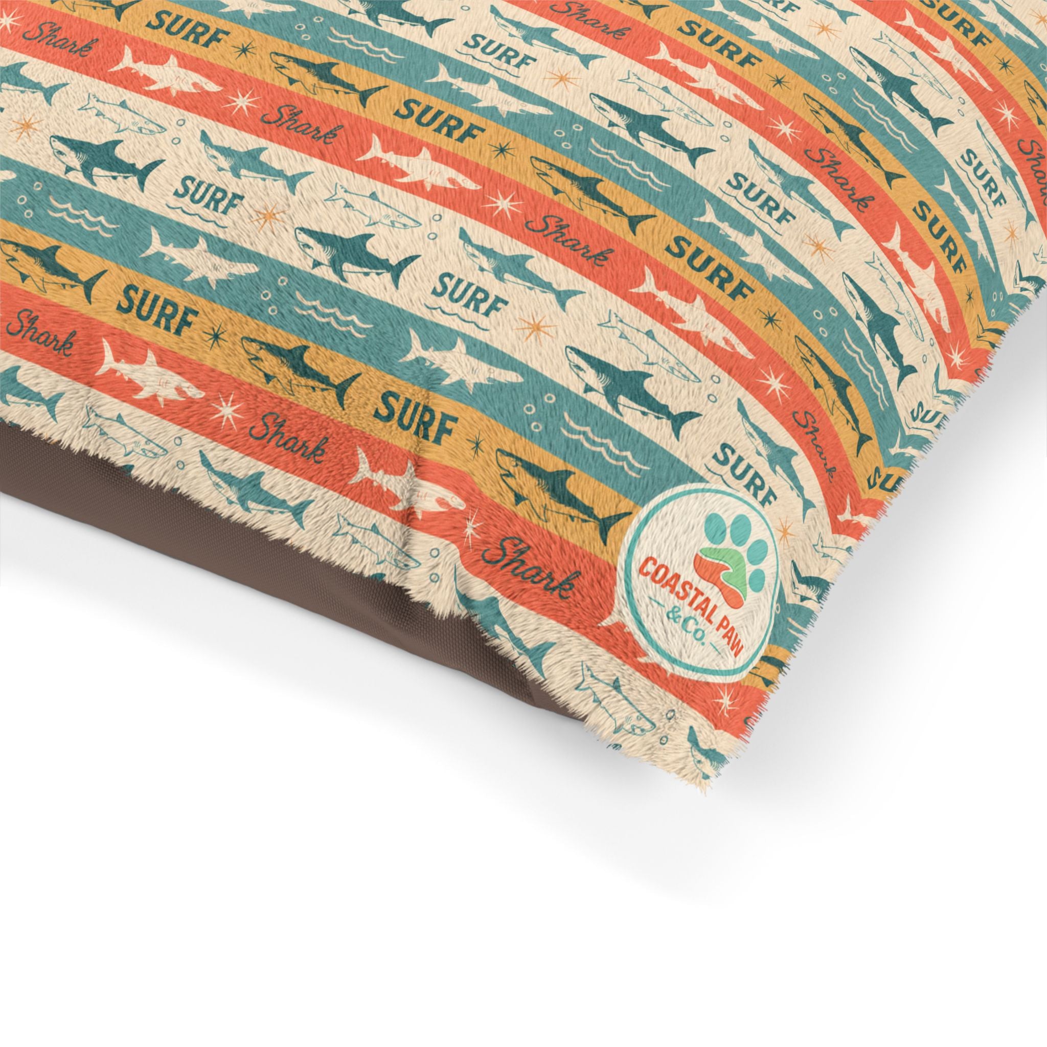 Retro Surf Sharks Pet Bed | Beach Stripes, Orange Teal Pattern