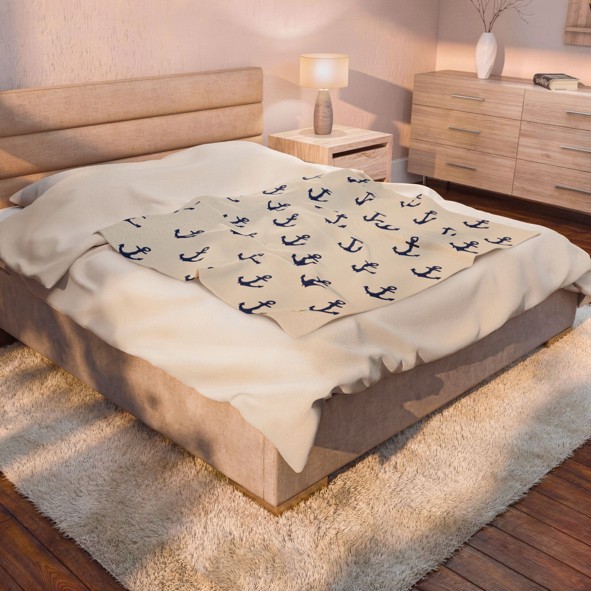 Navy Anchor Pattern Velveteen Plush Blanket | Nautical Anchors Throw