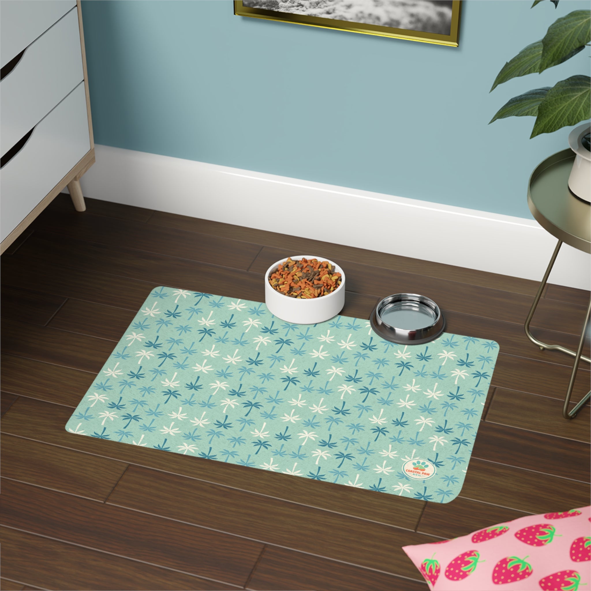 Teal Palm Tree Pattern Pet Food Mat