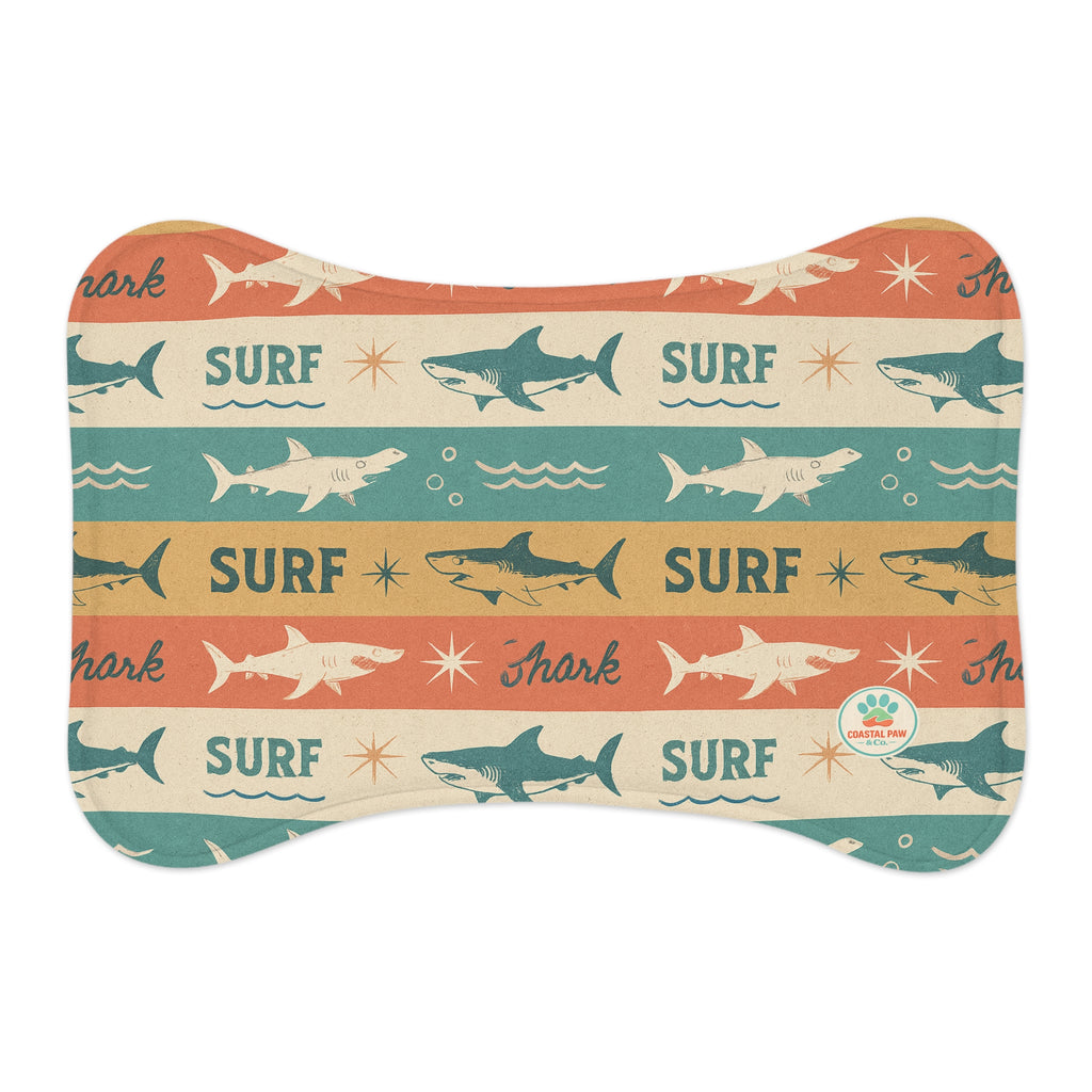 Retro Surf Sharks Pet Feeding Mat | Bone-Shaped Placemat for Pets