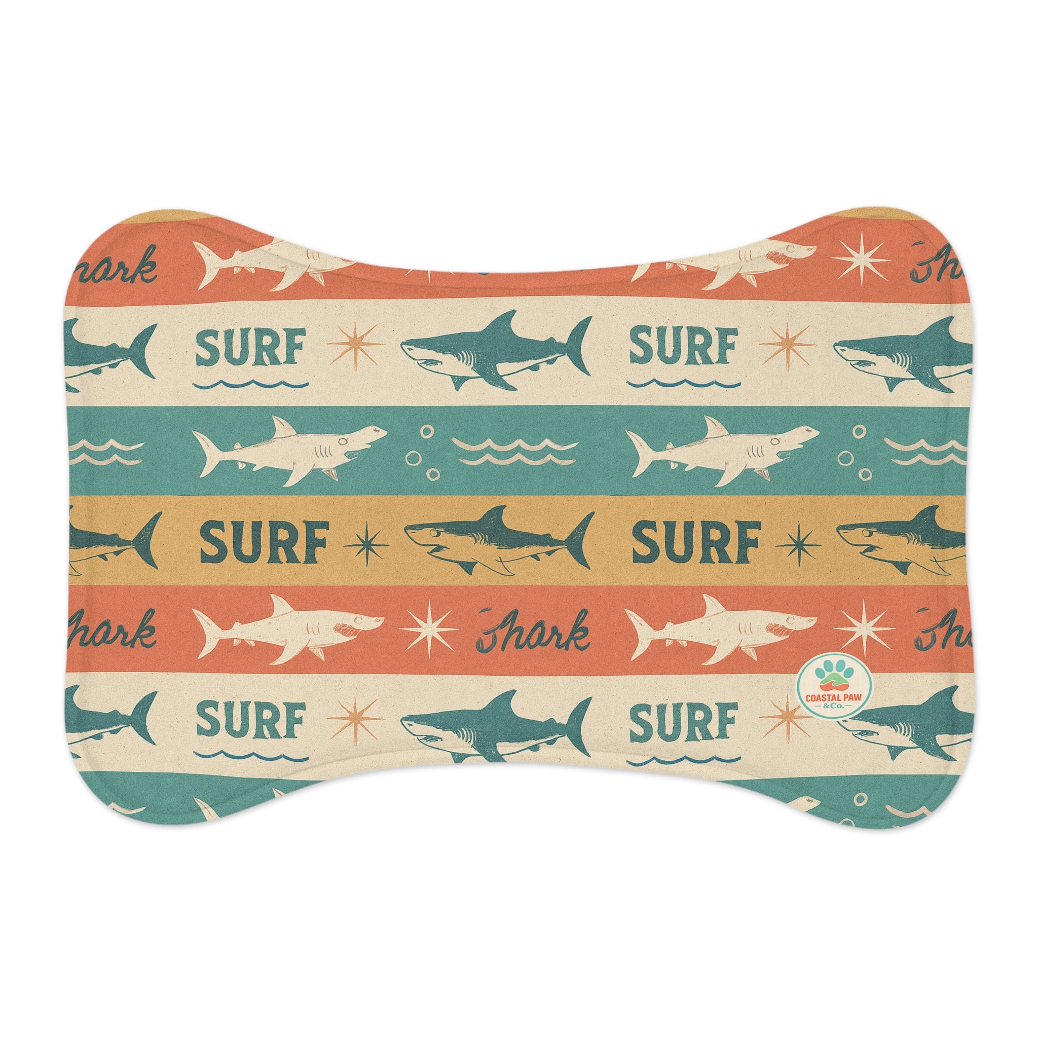 Retro Surf Sharks Pet Feeding Mat | Bone-Shaped Placemat for Pets