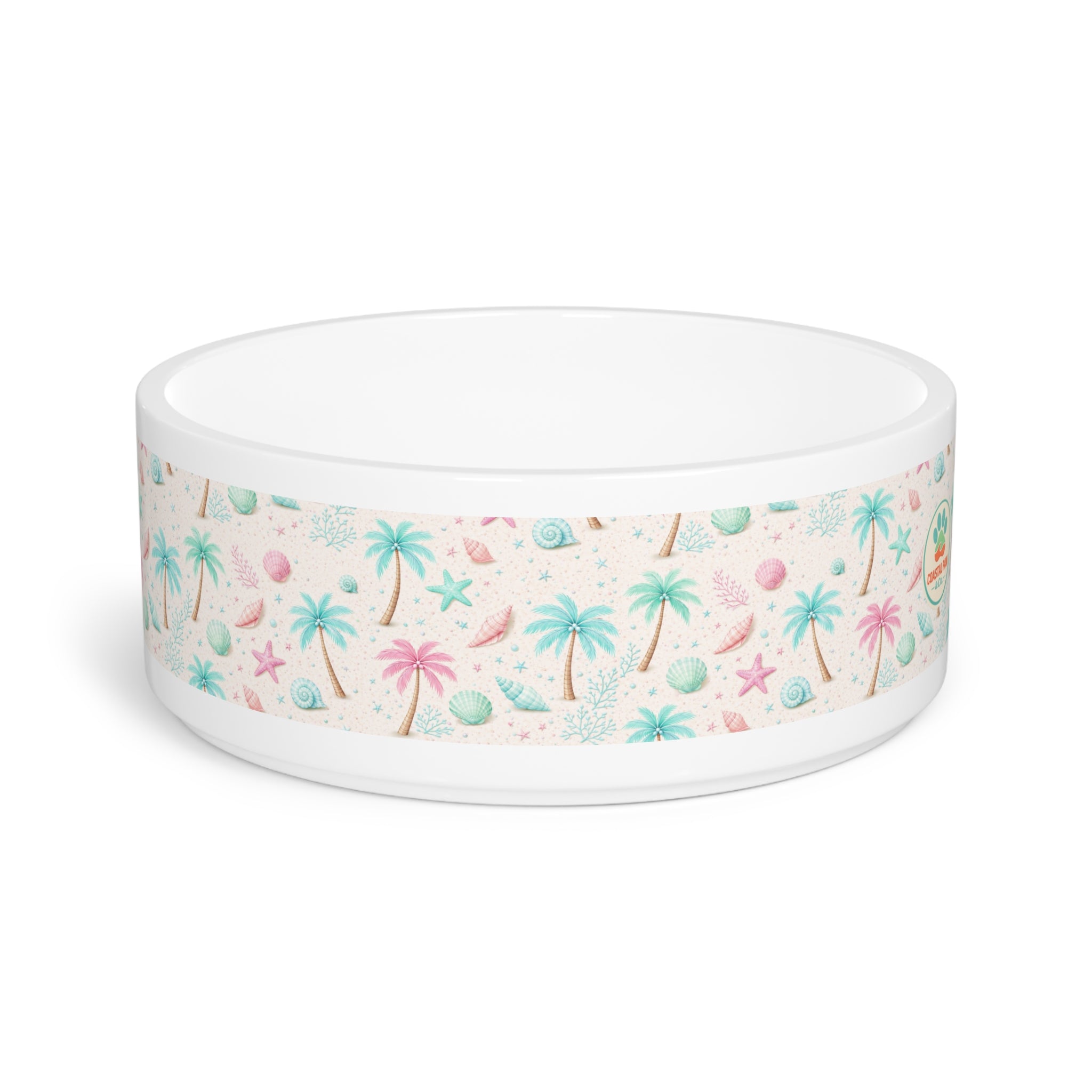 Pastel Beach Shells Pet Bowl | Palm Trees, Starfish, Seashell Pattern