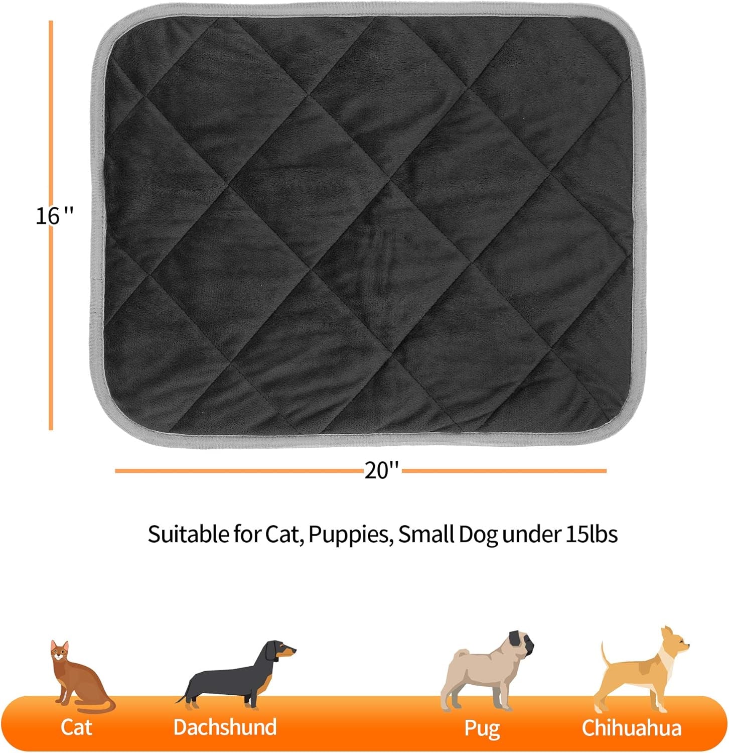 Self Warming Thermal Pet Mat for Dogs and Cats, Body Heat Reflecting Cat Bed Mat, Washable, for Sofa & Crate & Kennel & Car Seat (Obsidian Black, Small (20'' X 16'' X 0.4''))