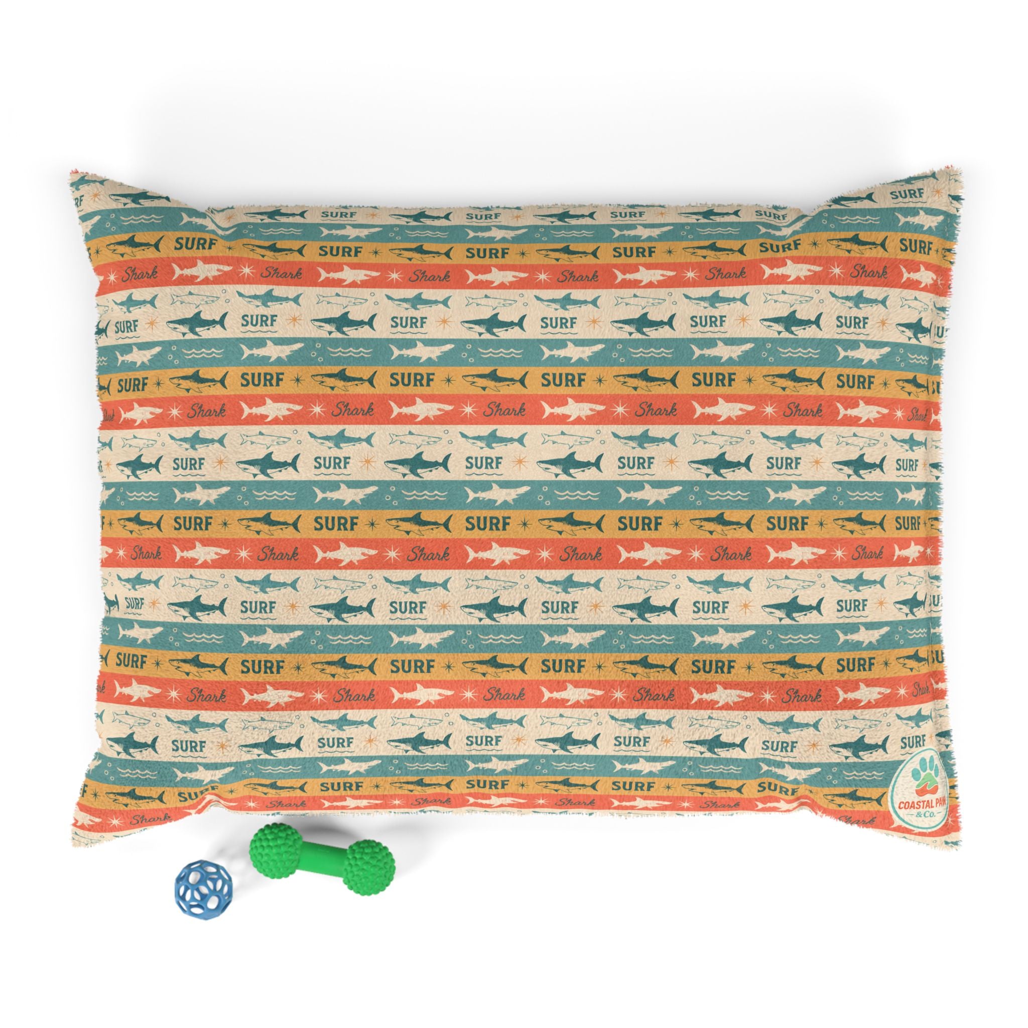 Retro Surf Sharks Pet Bed | Beach Stripes, Orange Teal Pattern
