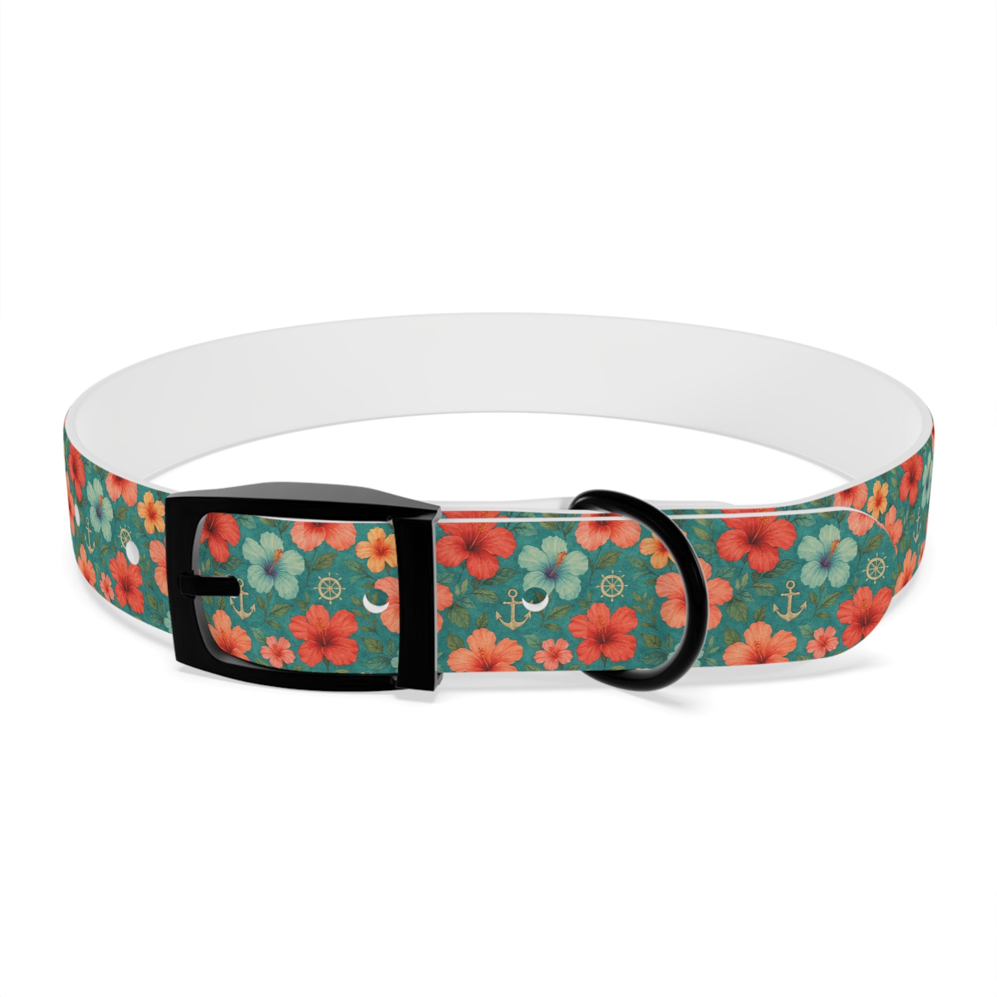 Tropical Hibiscus Pattern Dog Collar | Coral Floral on Teal