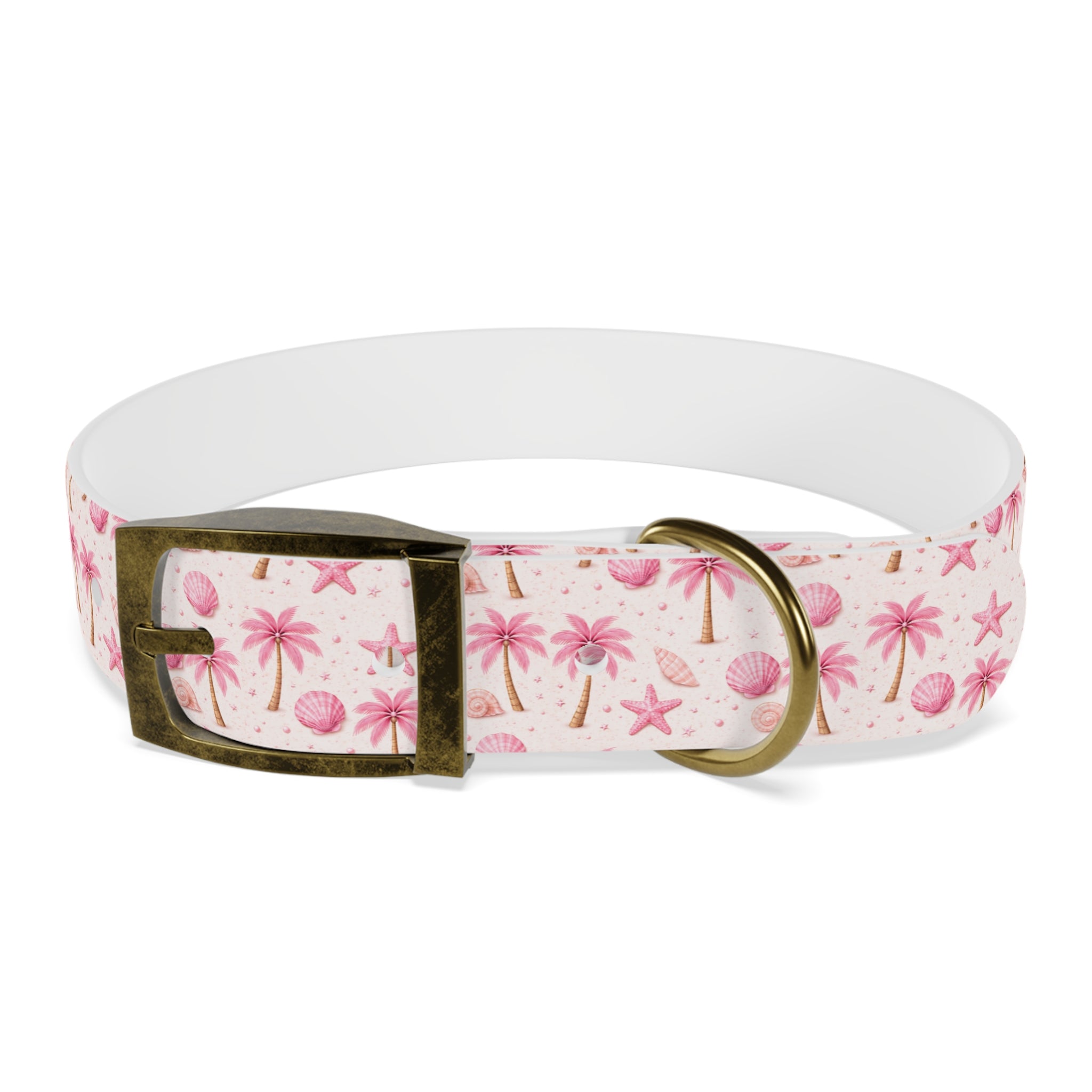Pink Seashell Palm Tree Pattern Dog Collar | Beach Summer Print