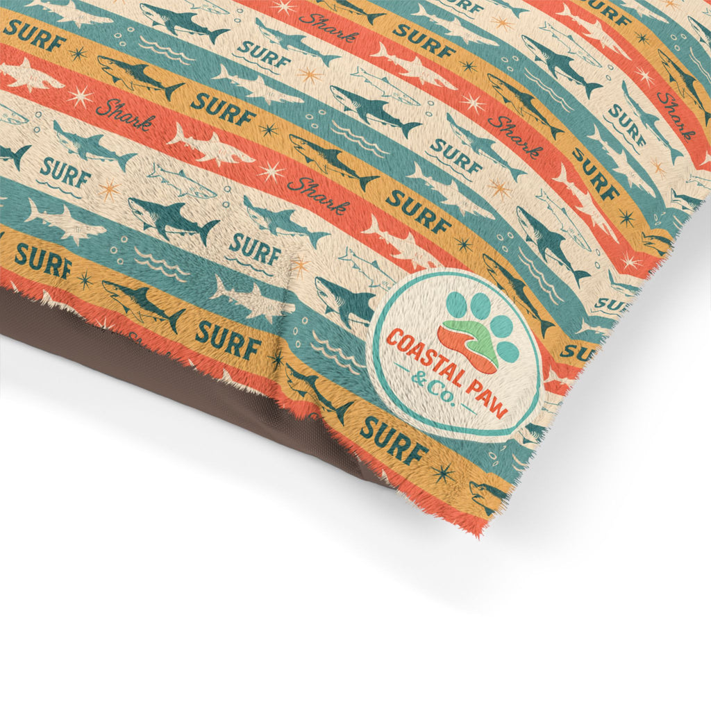 Retro Surf Sharks Pet Bed | Beach Stripes, Orange Teal Pattern