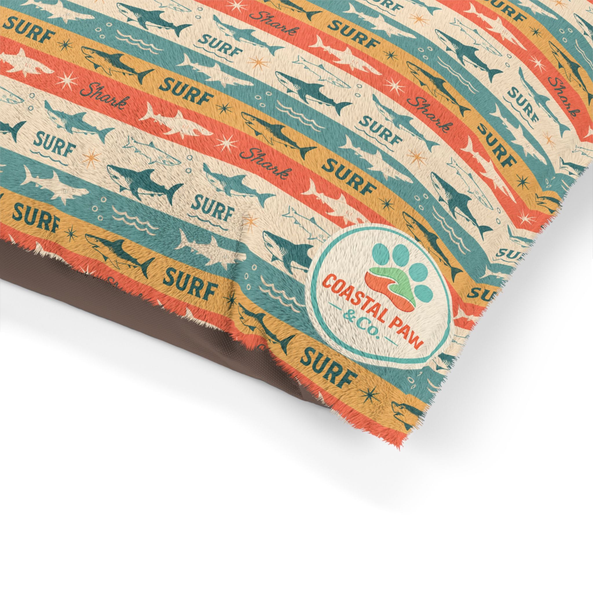 Retro Surf Sharks Pet Bed | Beach Stripes, Orange Teal Pattern