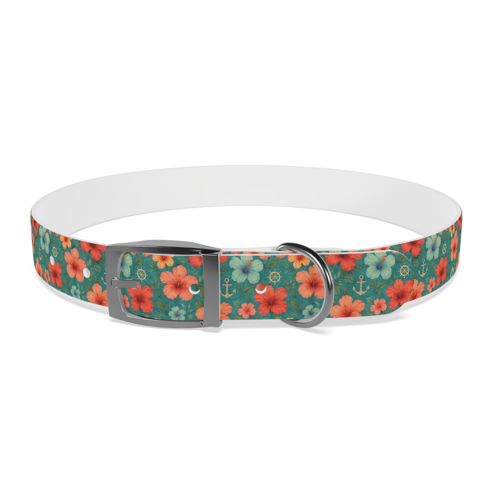 Tropical Hibiscus Pattern Dog Collar | Coral Floral on Teal