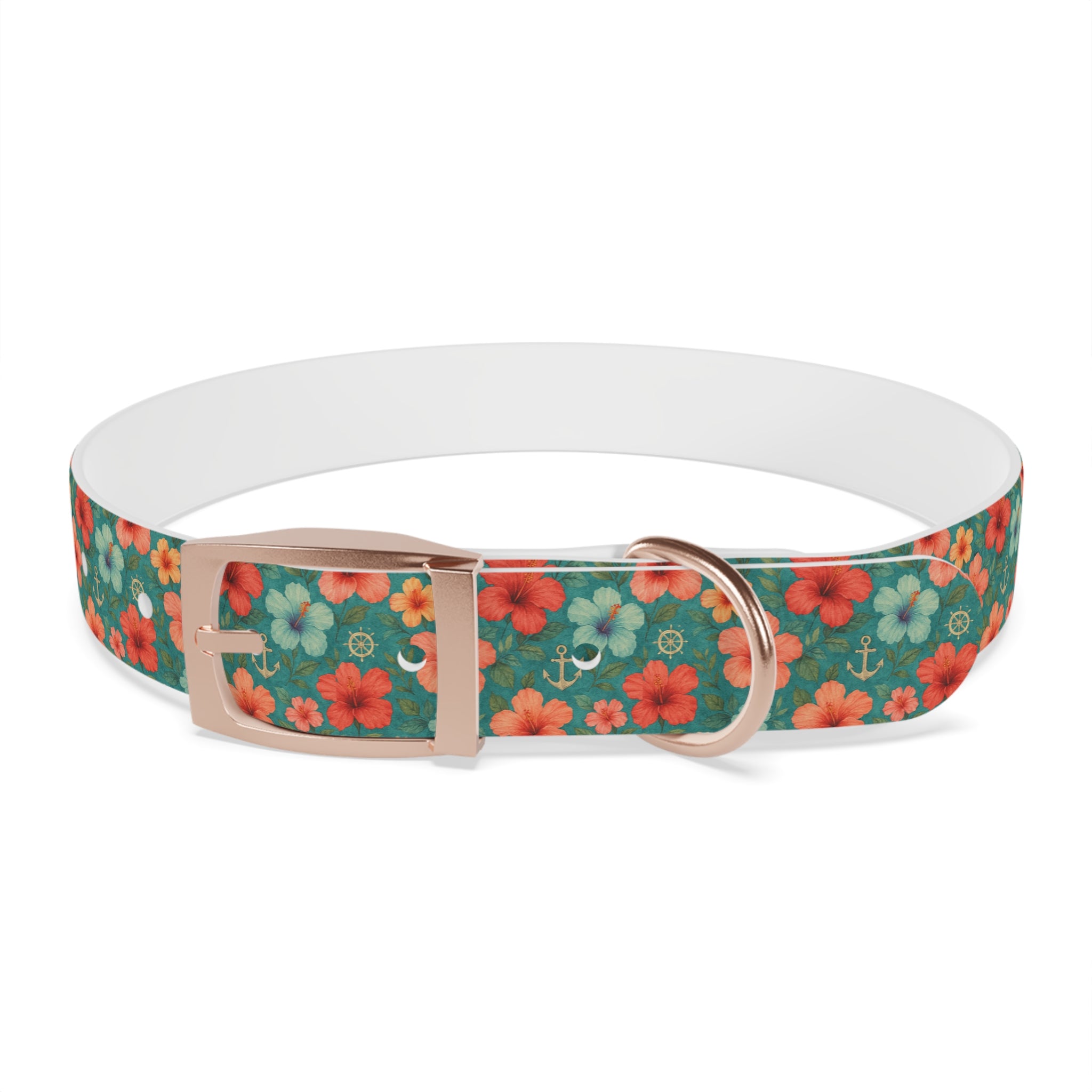 Tropical Hibiscus Pattern Dog Collar | Coral Floral on Teal