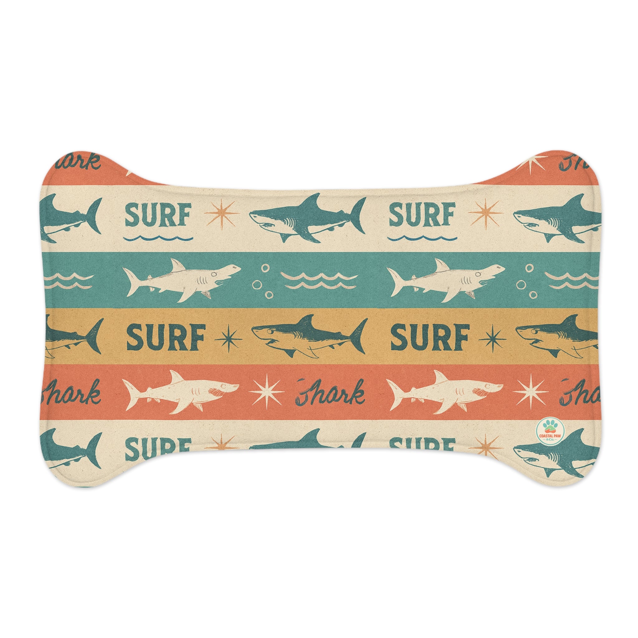 Retro Surf Sharks Pet Feeding Mat | Bone-Shaped Placemat for Pets