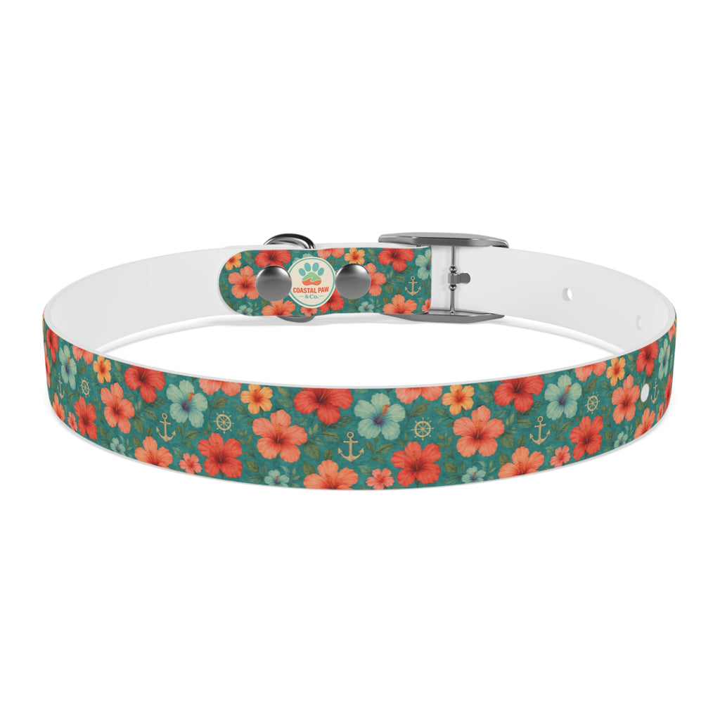 Tropical Hibiscus Pattern Dog Collar | Coral Floral on Teal