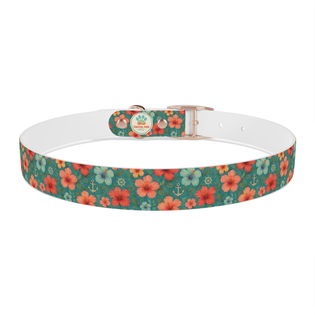 Tropical Hibiscus Pattern Dog Collar | Coral Floral on Teal