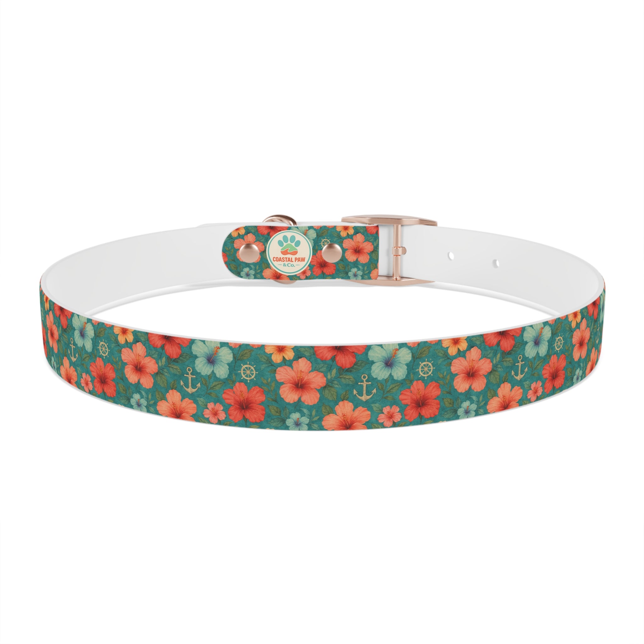 Tropical Hibiscus Pattern Dog Collar | Coral Floral on Teal