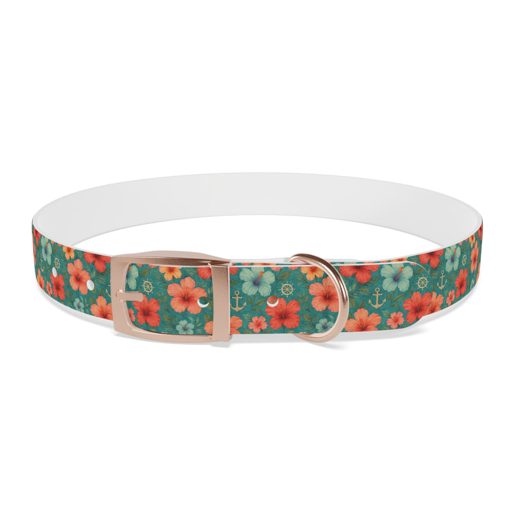 Tropical Hibiscus Pattern Dog Collar | Coral Floral on Teal