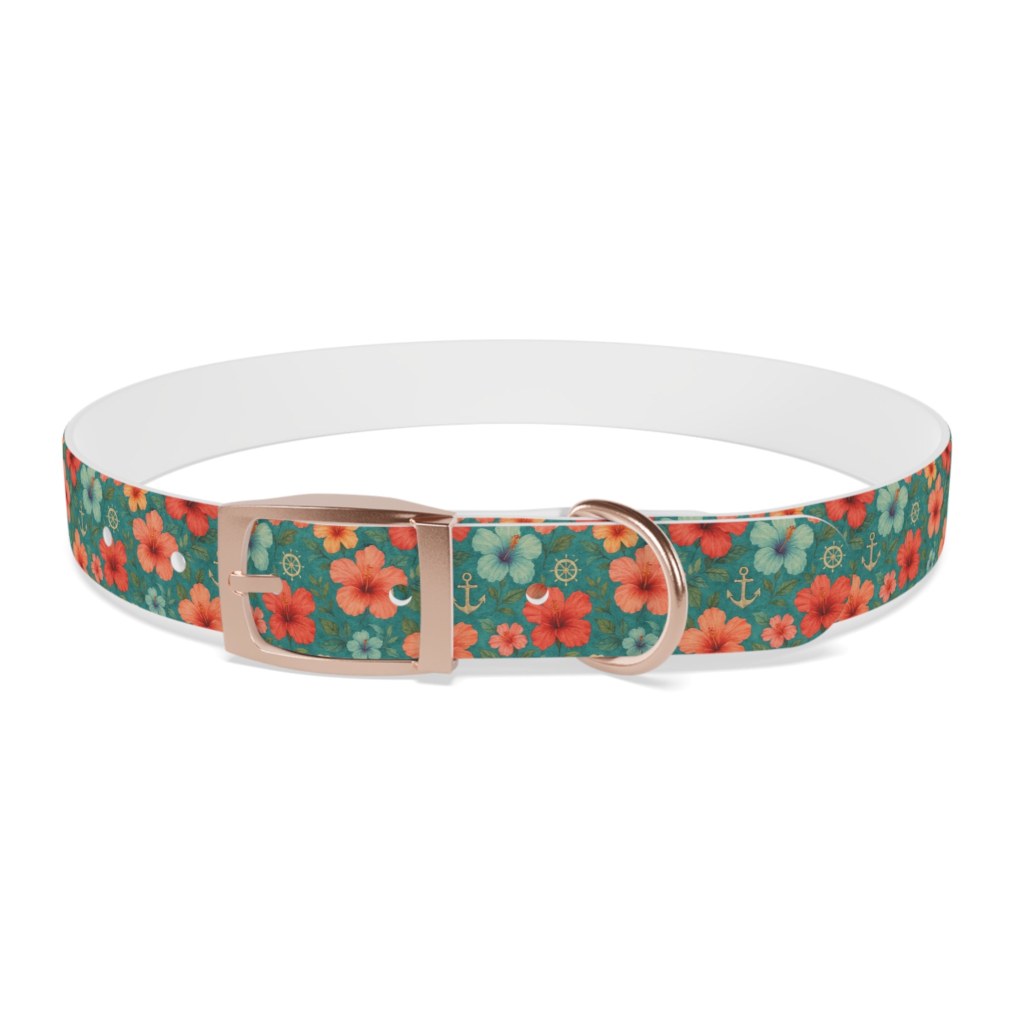 Tropical Hibiscus Pattern Dog Collar | Coral Floral on Teal