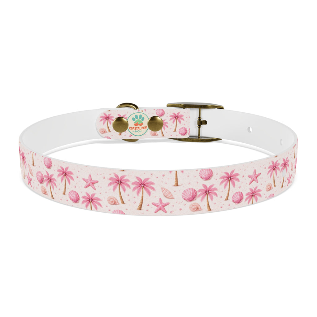 Pink Seashell Palm Tree Pattern Dog Collar | Beach Summer Print