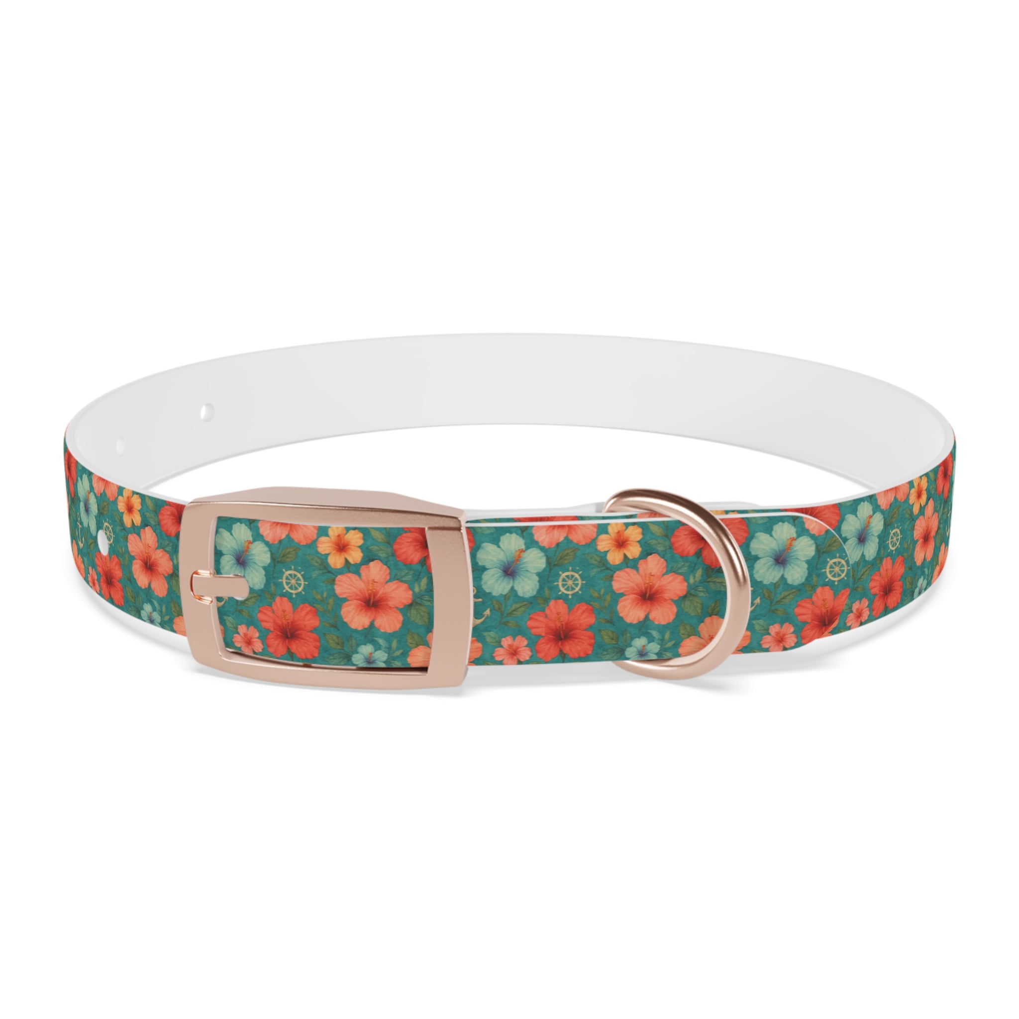 Tropical Hibiscus Pattern Dog Collar | Coral Floral on Teal