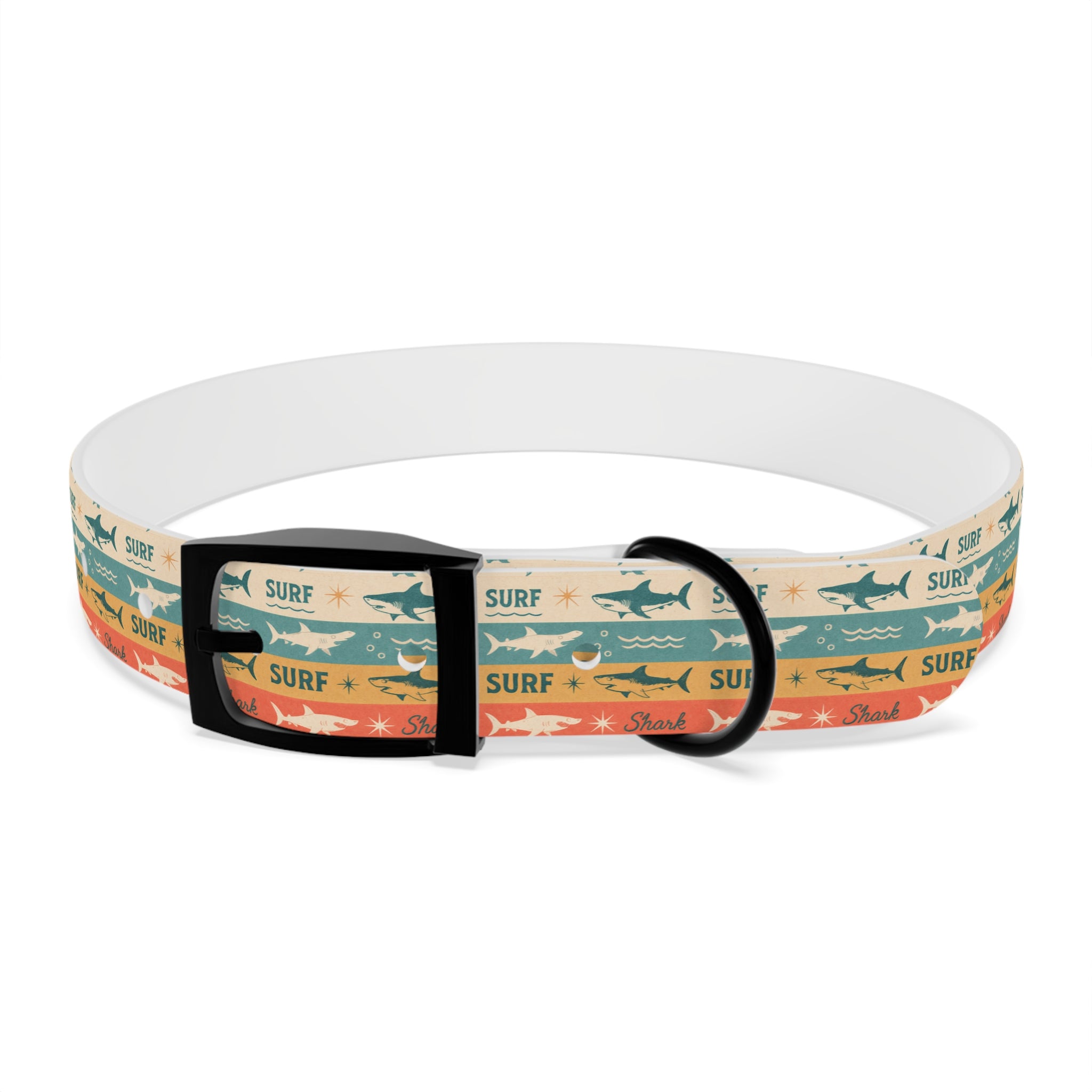 Retro Surf Sharks Dog Collar | Striped Beach Waves Pattern