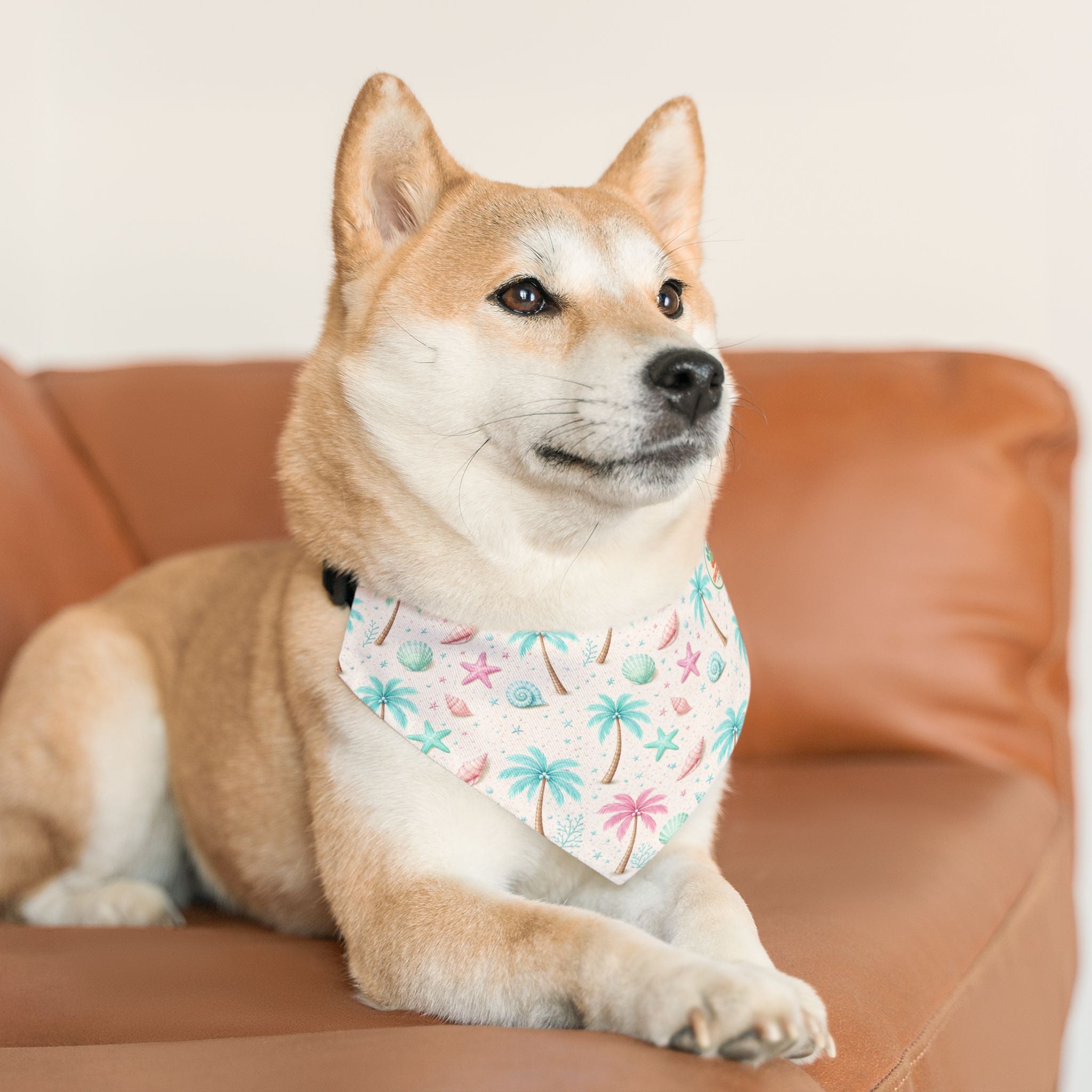 Pastel Palm Tree Seashells Pet Bandana Collar | Tropical Beach Print
