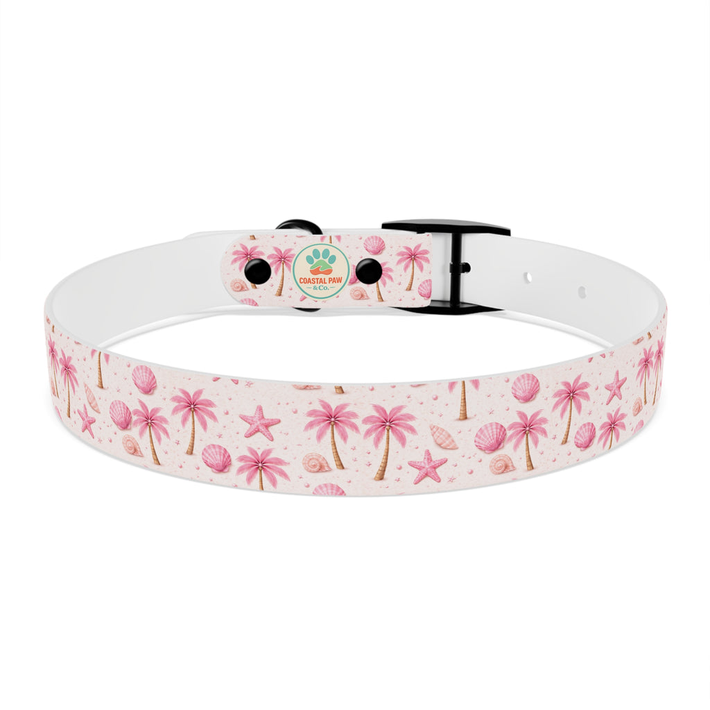 Pink Seashell Palm Tree Pattern Dog Collar | Beach Summer Print
