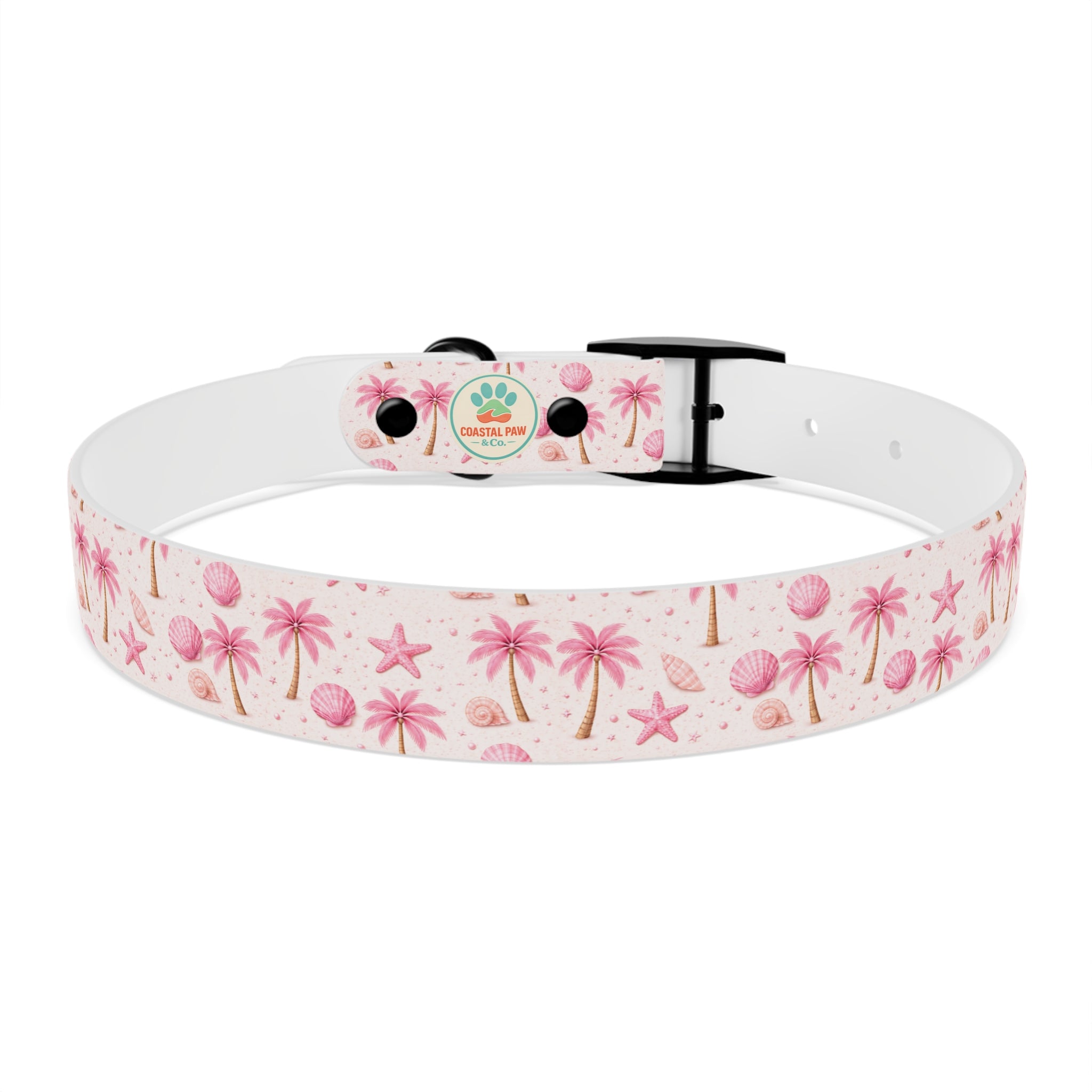 Pink Seashell Palm Tree Pattern Dog Collar | Beach Summer Print