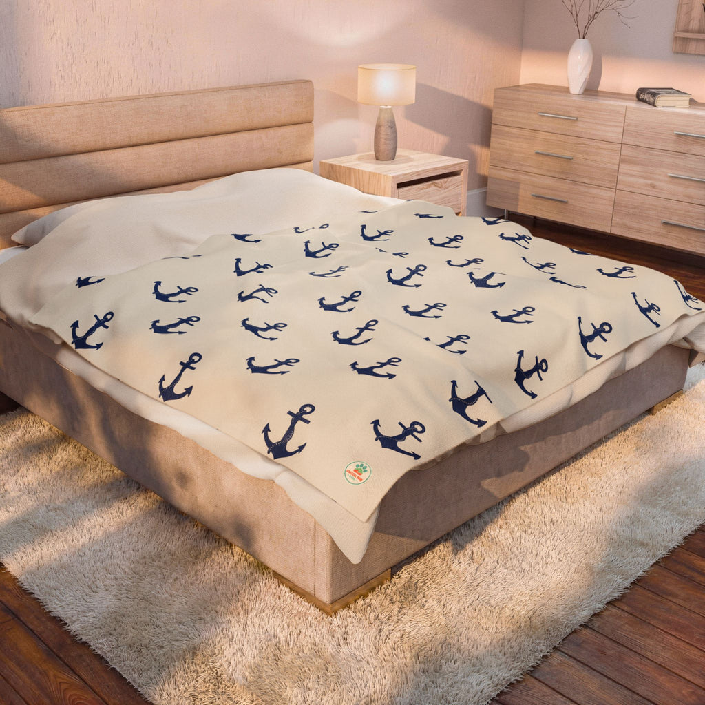 Navy Anchor Pattern Velveteen Plush Blanket | Nautical Anchors Throw