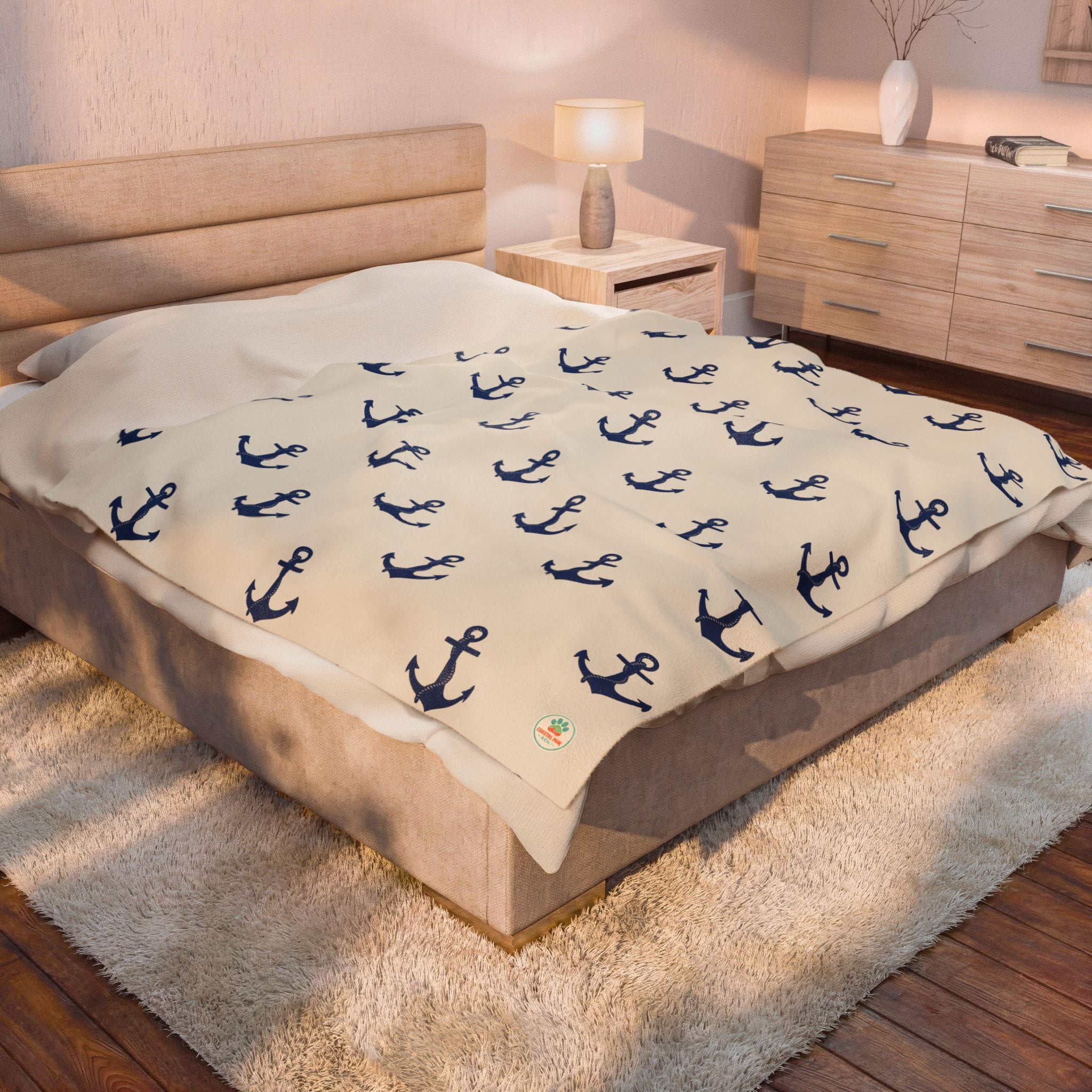 Navy Anchor Pattern Velveteen Plush Blanket | Nautical Anchors Throw
