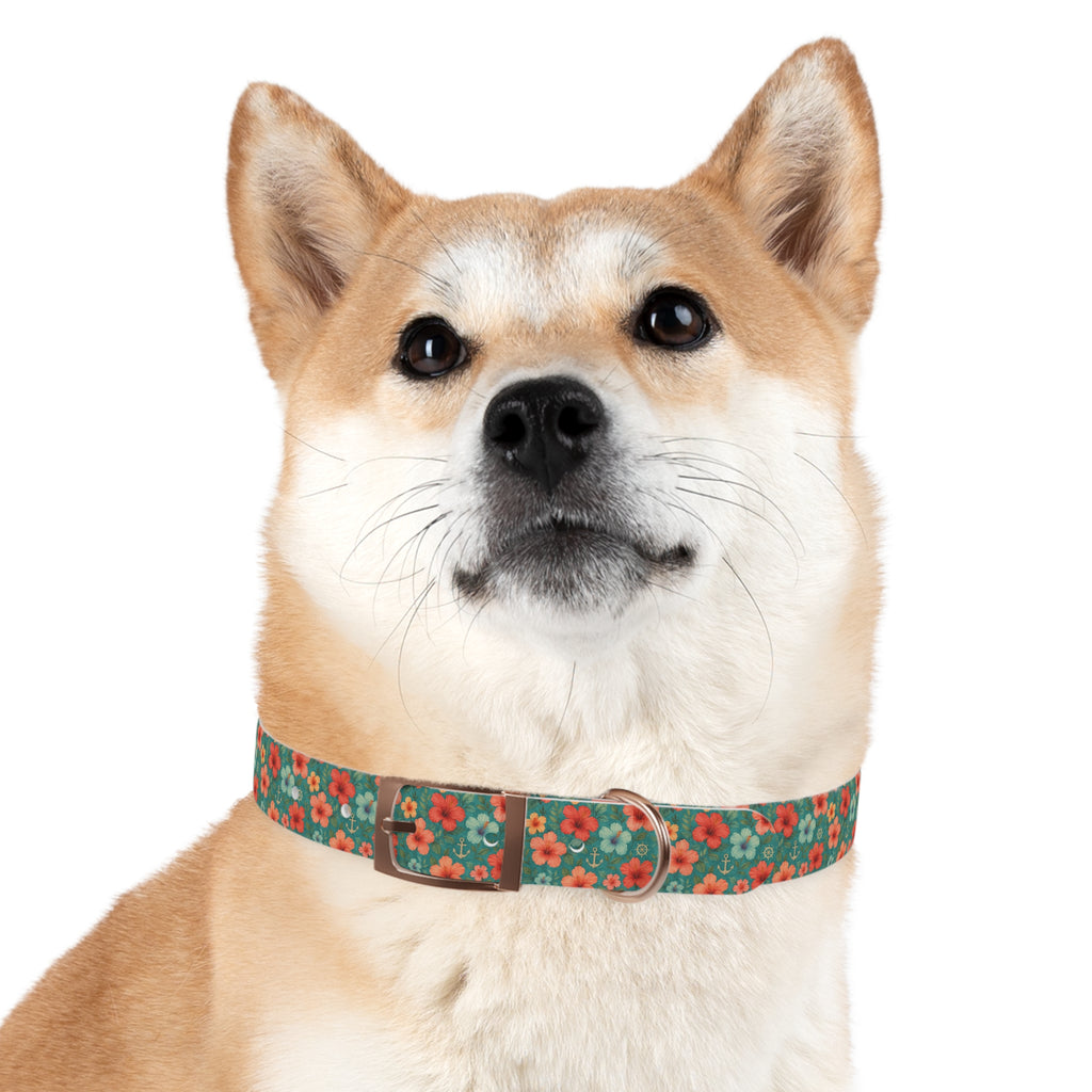 Tropical Hibiscus Pattern Dog Collar | Coral Floral on Teal