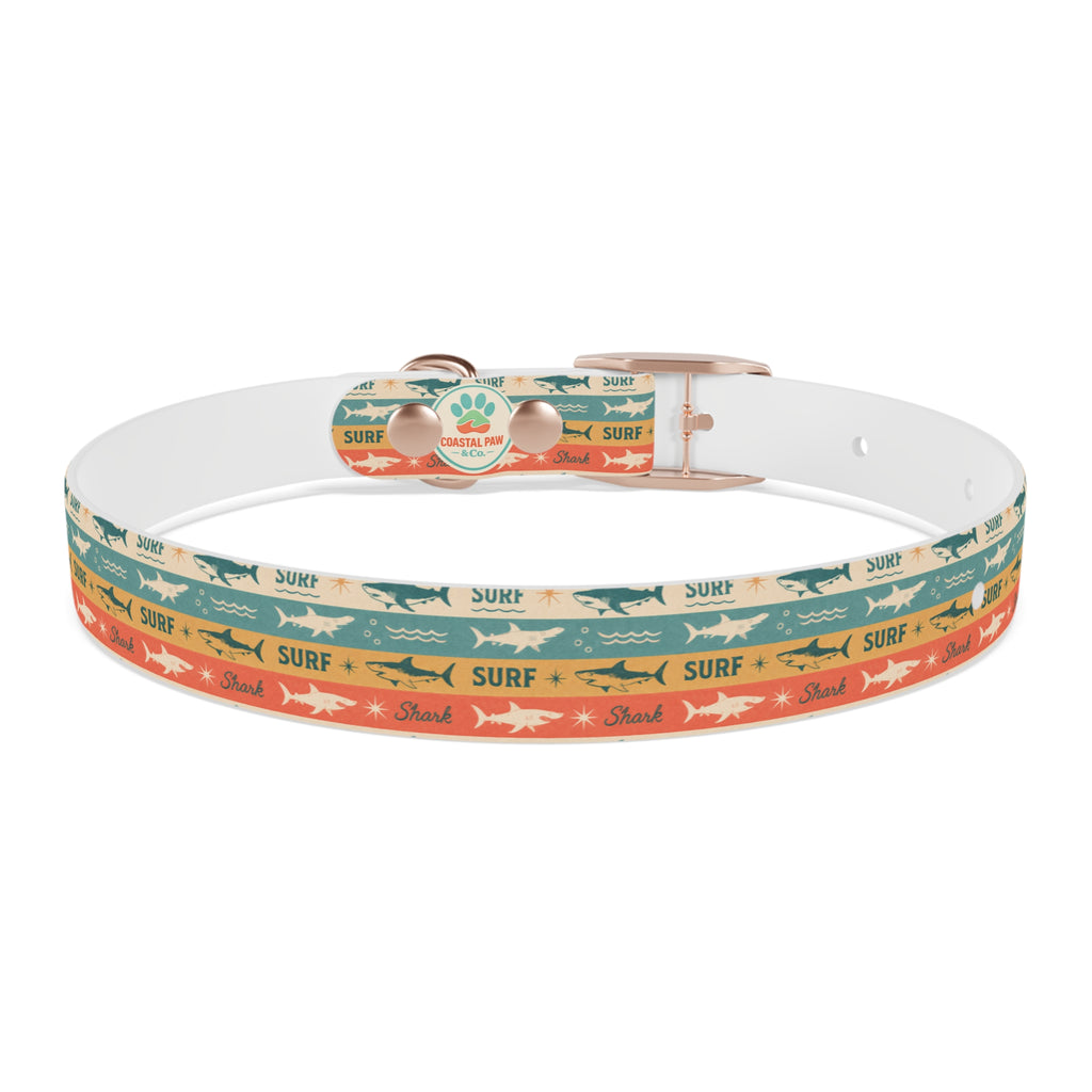 Retro Surf Sharks Dog Collar | Striped Beach Waves Pattern
