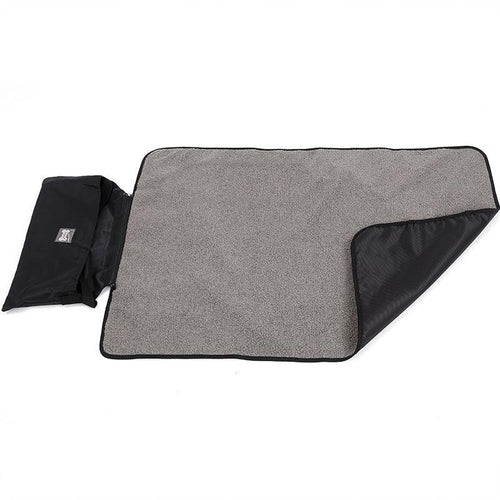 Gray waterproof portable pet blanket with attached black storage pouch for easy travel