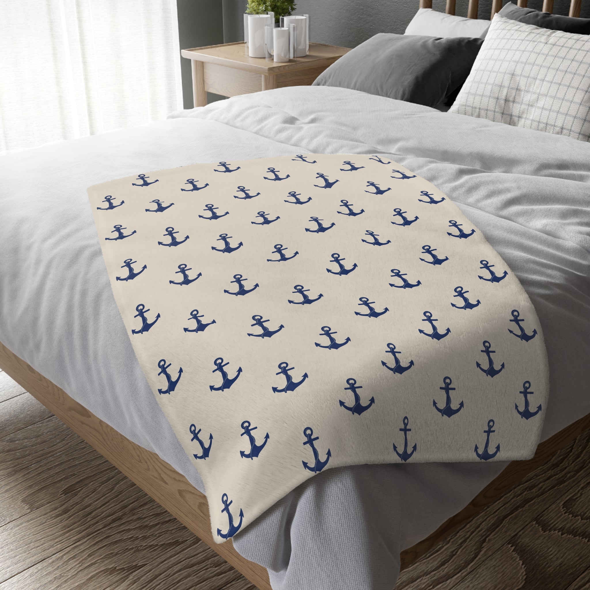 Navy Anchor Pattern Blanket | Velveteen Microfiber Throw