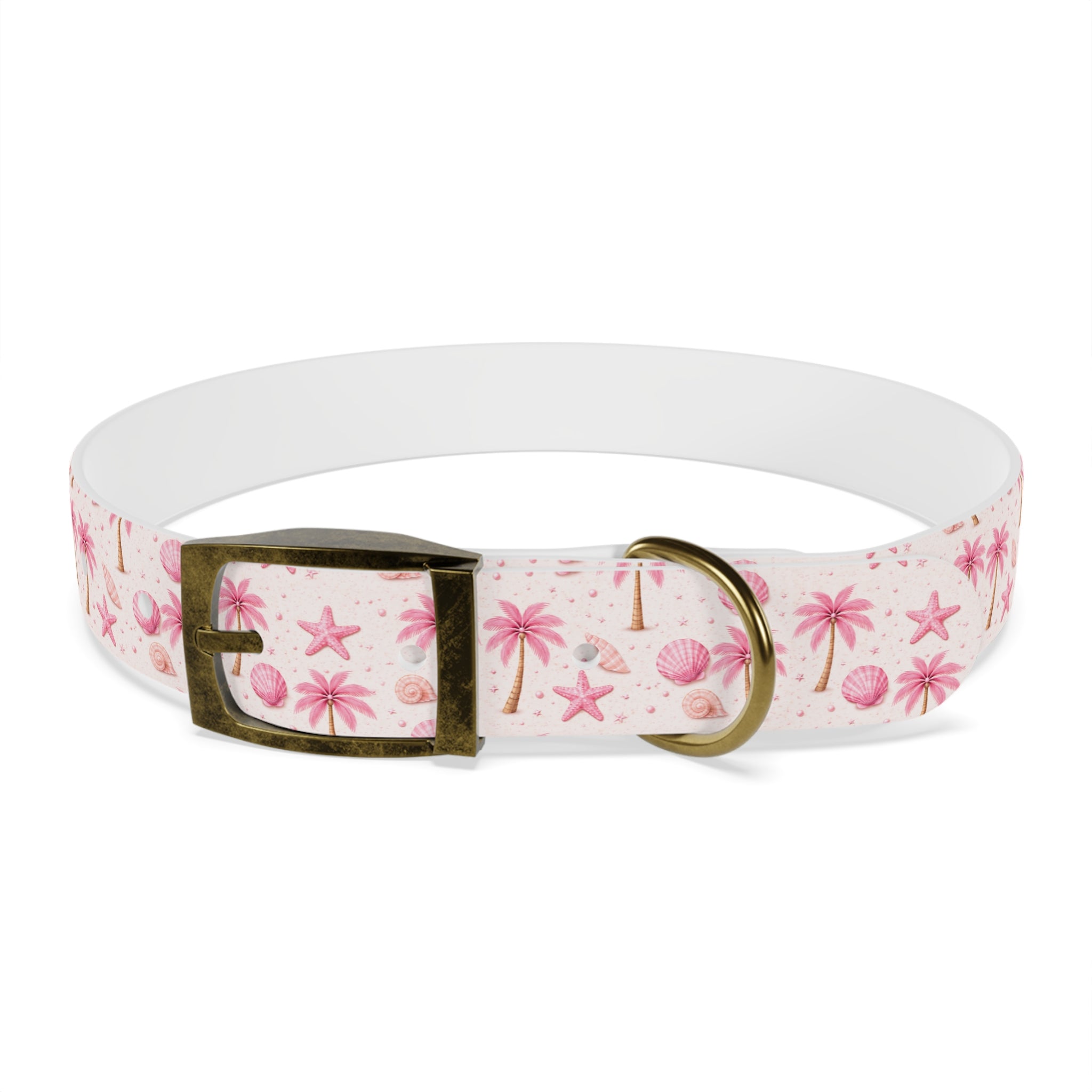 Pink Seashell Palm Tree Pattern Dog Collar | Beach Summer Print