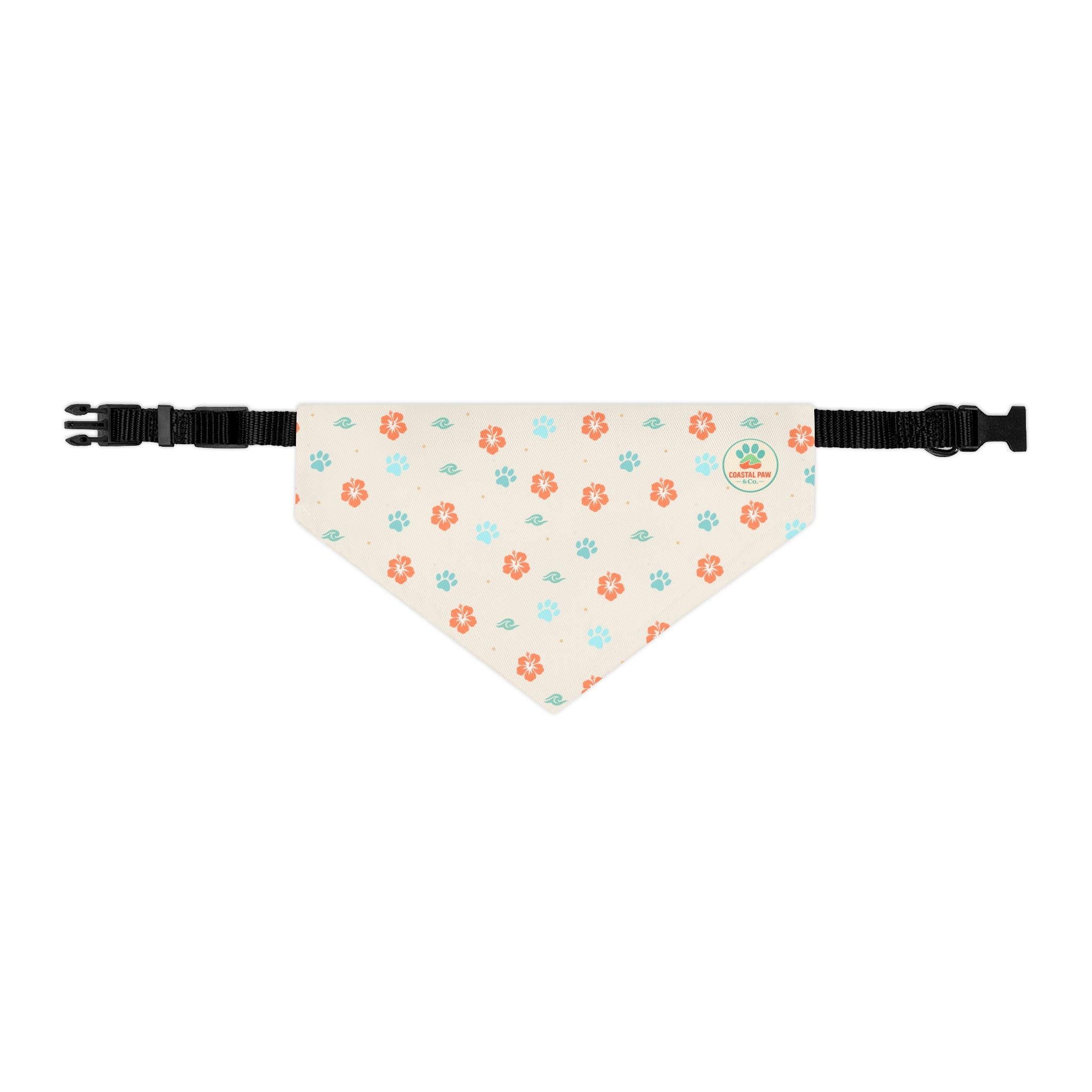 Coastal Paw Logo Pet Bandana Collar | Floral Paw Prints, Beach Theme
