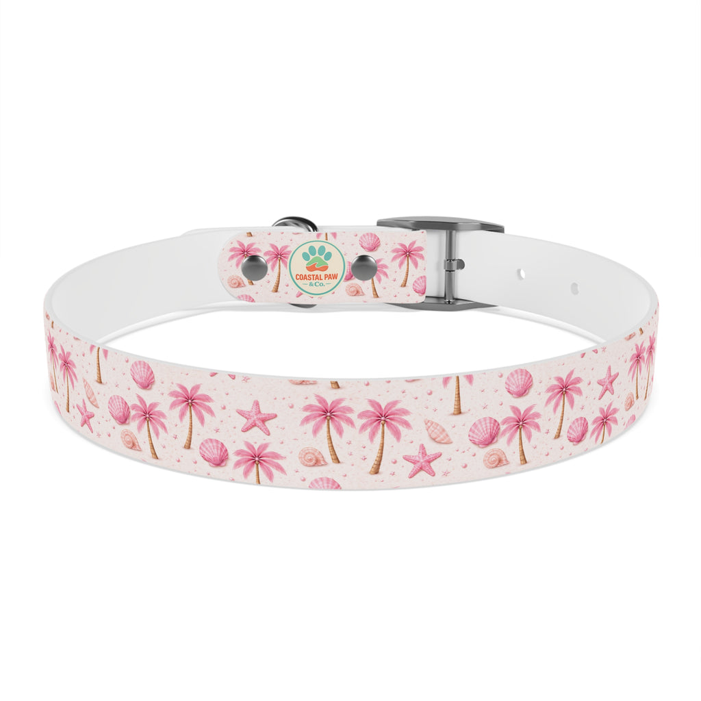 Pink Seashell Palm Tree Pattern Dog Collar | Beach Summer Print
