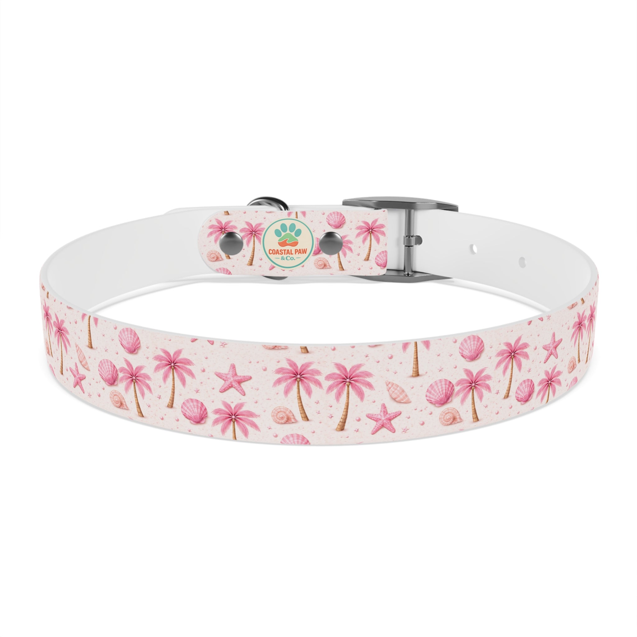 Pink Seashell Palm Tree Pattern Dog Collar | Beach Summer Print